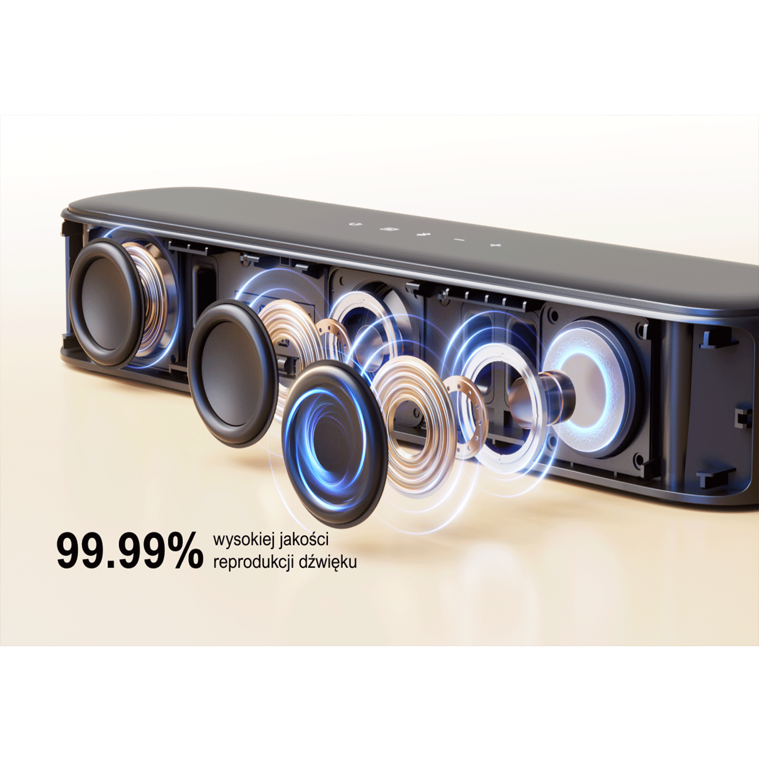 Szczegółowy widok systemu głośnikowego z widocznymi komponentami, w tym głośnikiem basowym.