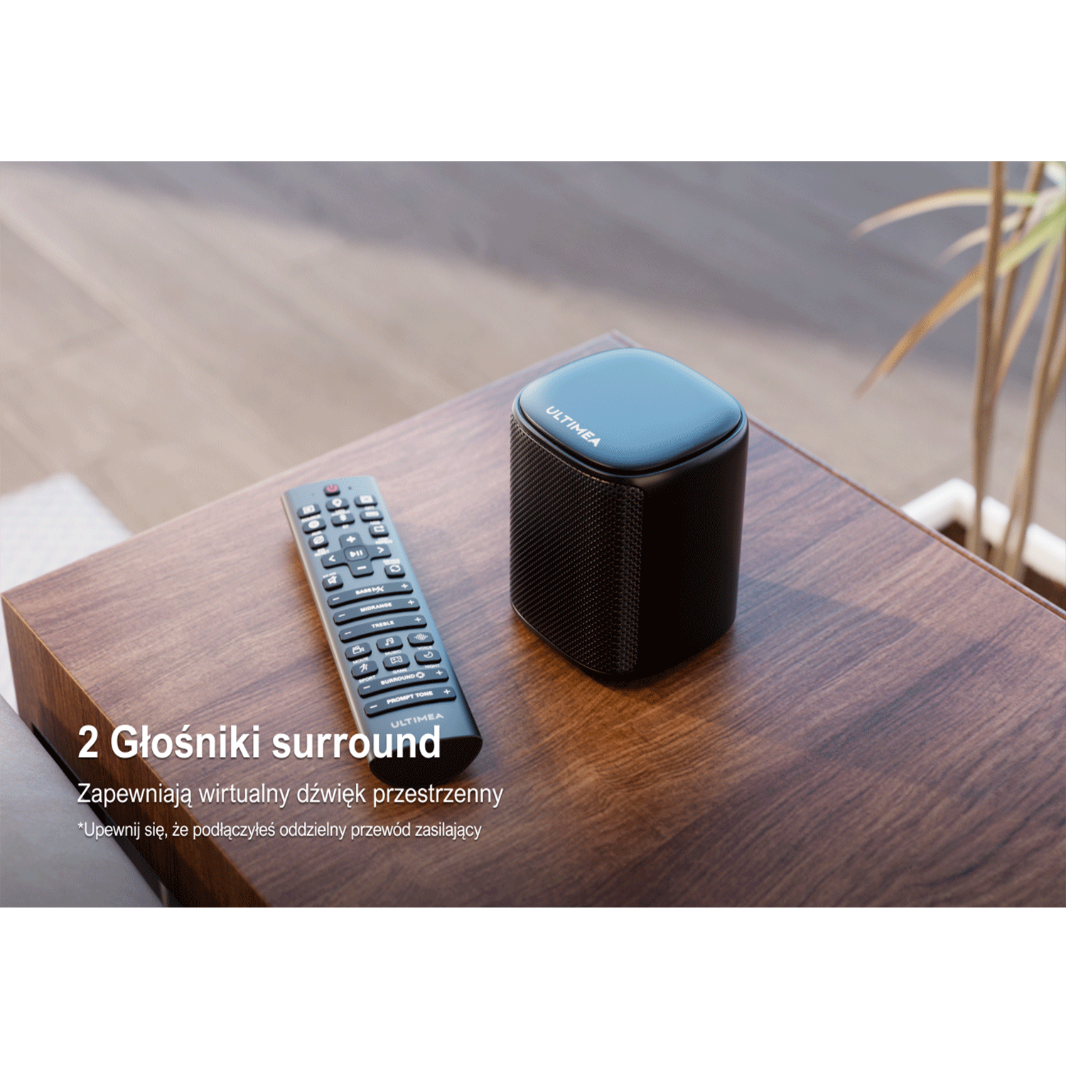 Czarny głośnik z pilotem na drewnianym stole, pokazujący nowoczesną i minimalistyczną scenerię.