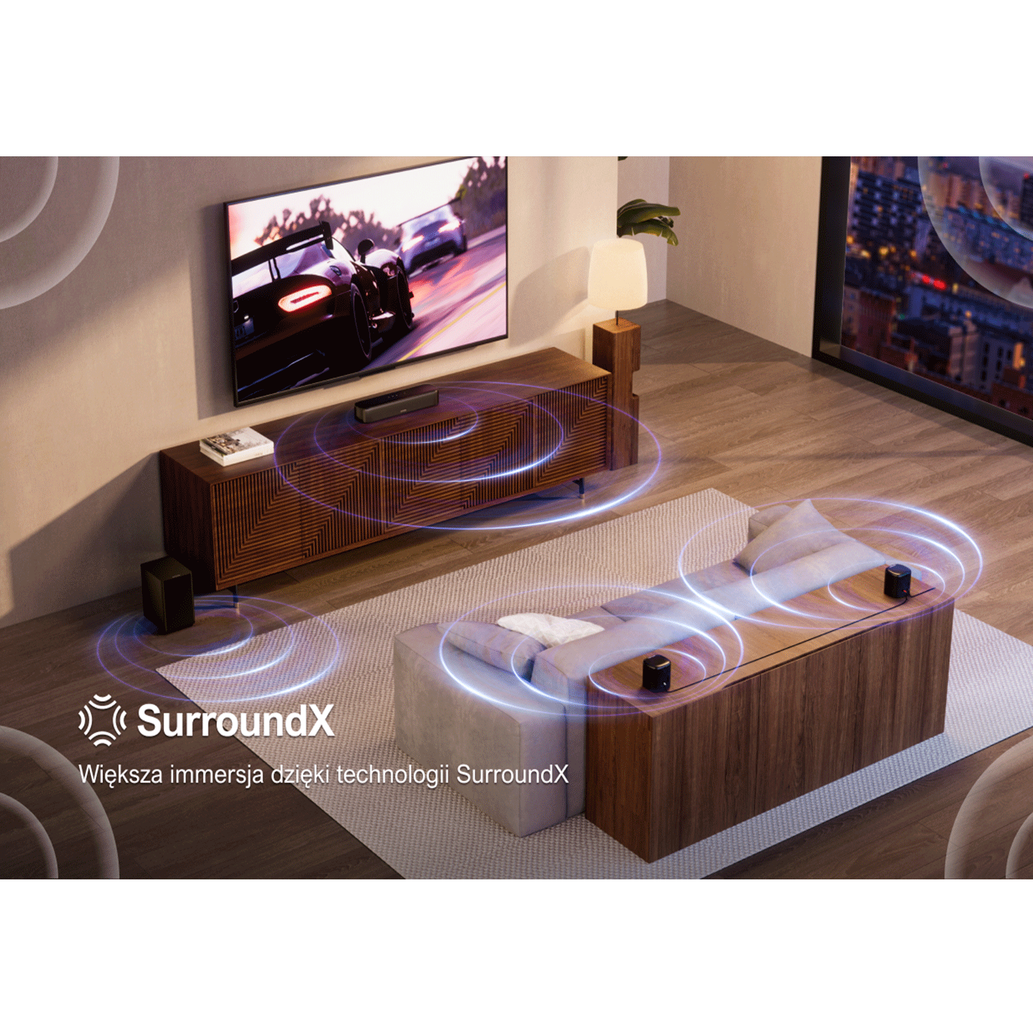 Ustawienia w salonie z telewizorem, systemem dźwiękowym i sofą, wszystko połączone efektami niebieskiego światła.