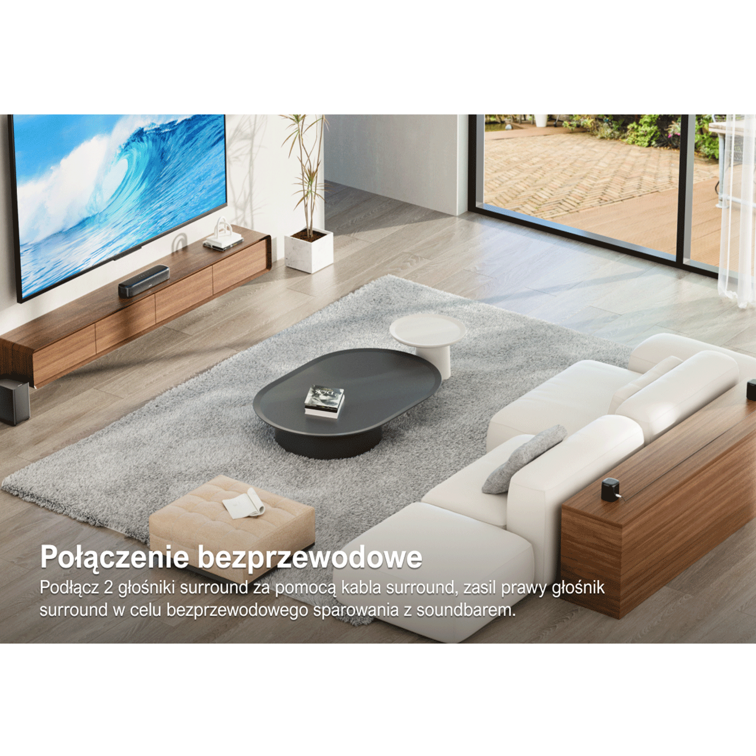 Nowoczesny salon z dużym telewizorem i głośnikami dźwięku przestrzennego. Pokój jest dobrze oświetlony.