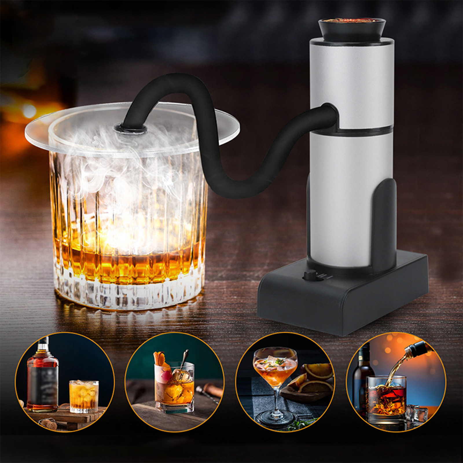 Räuchergerät, das ein Glas mit Whiskey und verschiedene Cocktailbilder raucht.