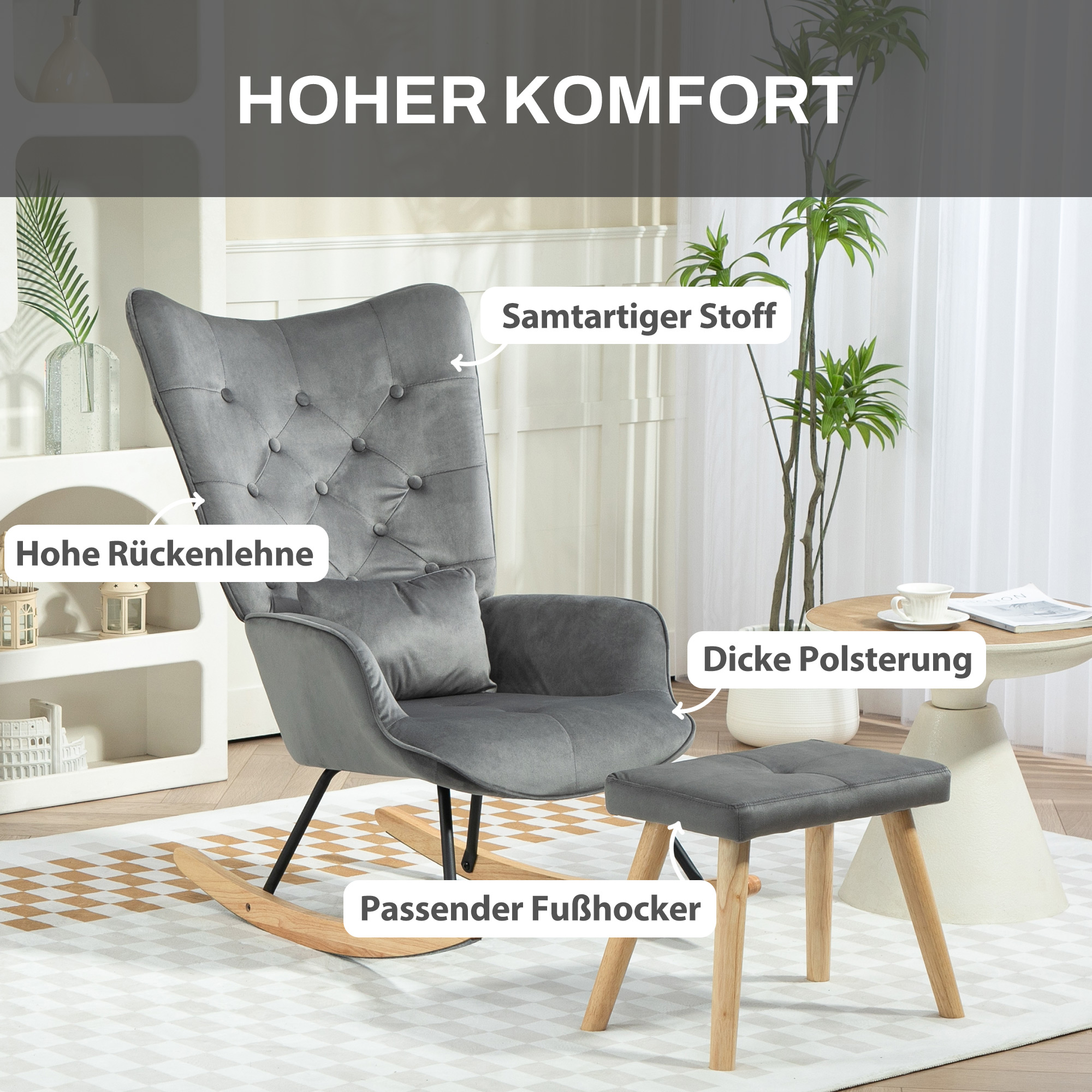 Nahaufnahme von Schaukelstuhl und Hocker. Text weist auf Merkmale wie Metallfüße und rutschfeste Füße hin.