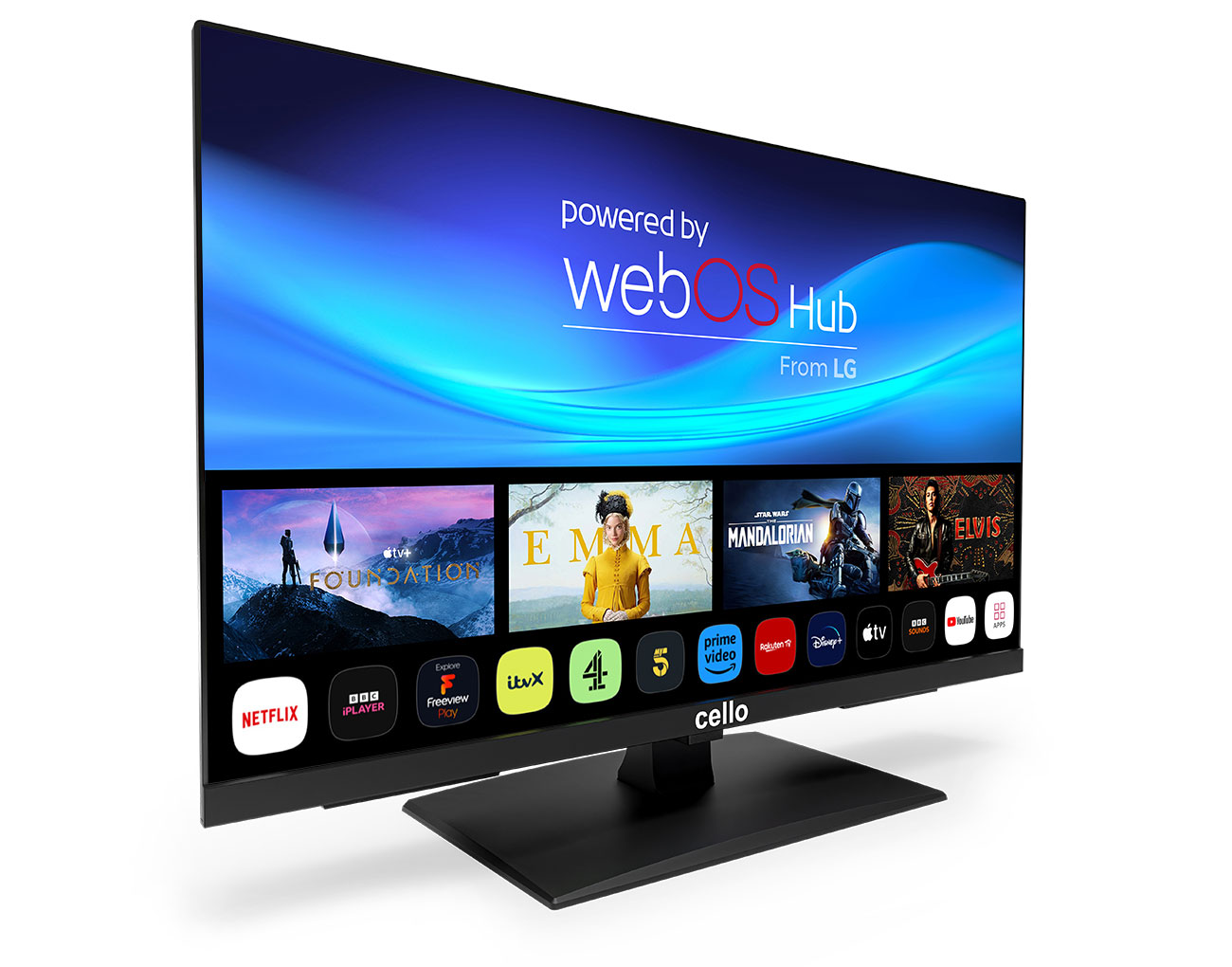 Schwarzer LG-Fernseher zeigt Streaming-Apps und WebOS Hub, auf weißem Hintergrund.