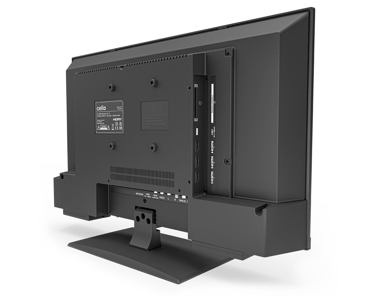 Seitenansicht eines schwarzen Fernsehers. Der Fernseher ist dünn, mit schwarzem Sockel und Anschlüssen an der Seite.