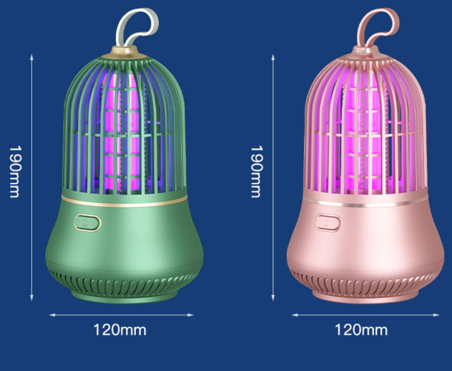 Zwei Mückenvernichter, grün und rosa, zylindrisch mit lila Licht innen und einer Aufhängeschlaufe.
