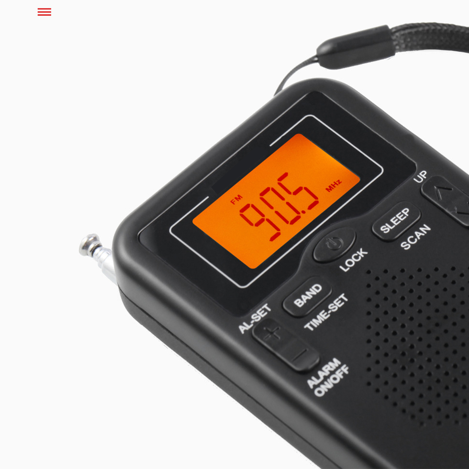 Nahaufnahme eines schwarzen Radios mit 90,5 MHz, Antenne und Knöpfen sichtbar.