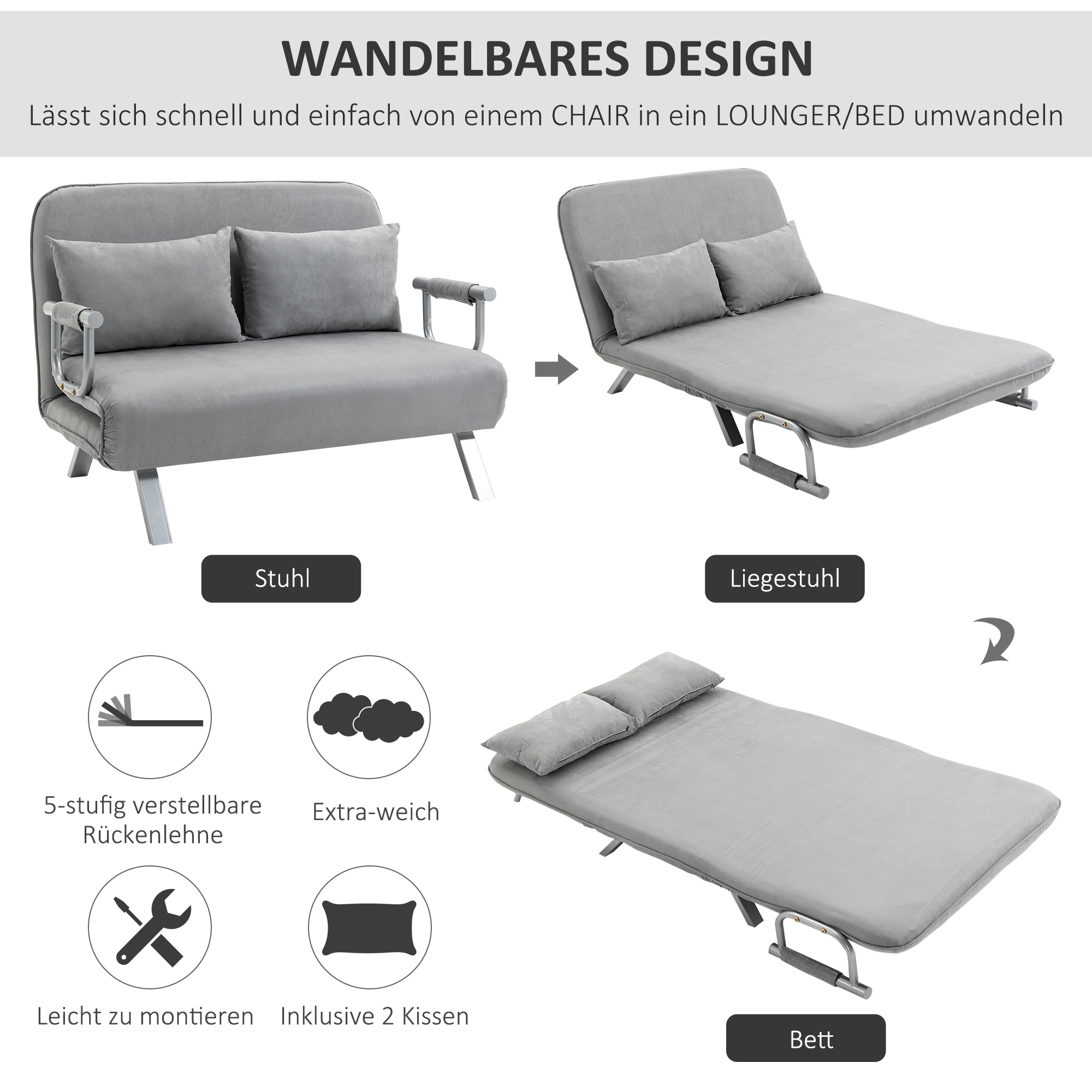Graues Schlafsofa, das sich von Stuhl zu Liege und Bett verwandelt, mit Kissen.