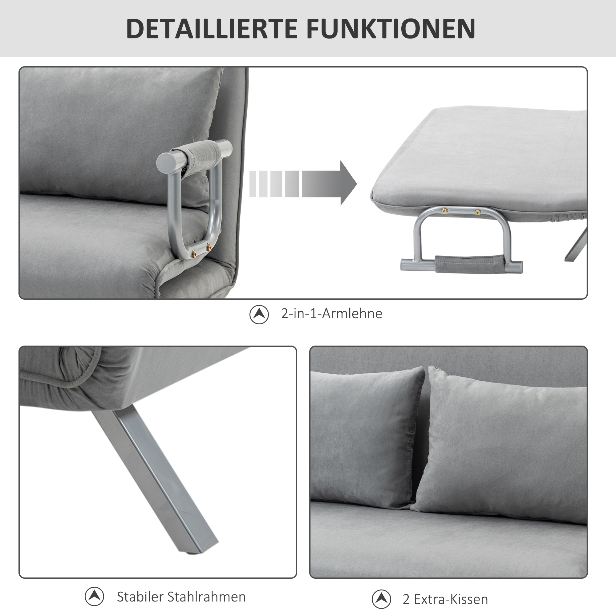 Graue Sofadetails mit Armlehne und Kissen. Details des stabilen Stahlrahmens und zwei zusätzlicher Kissen.