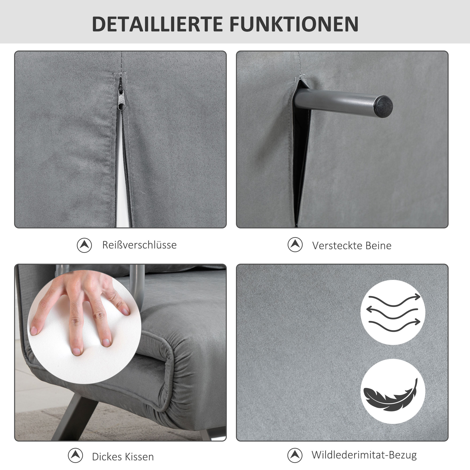 Detaillierte Merkmale eines grauen Schlafsofas: Reißverschluss, versteckte Beine, dickes Kissen und Wildleder-ähnlicher Stoff.