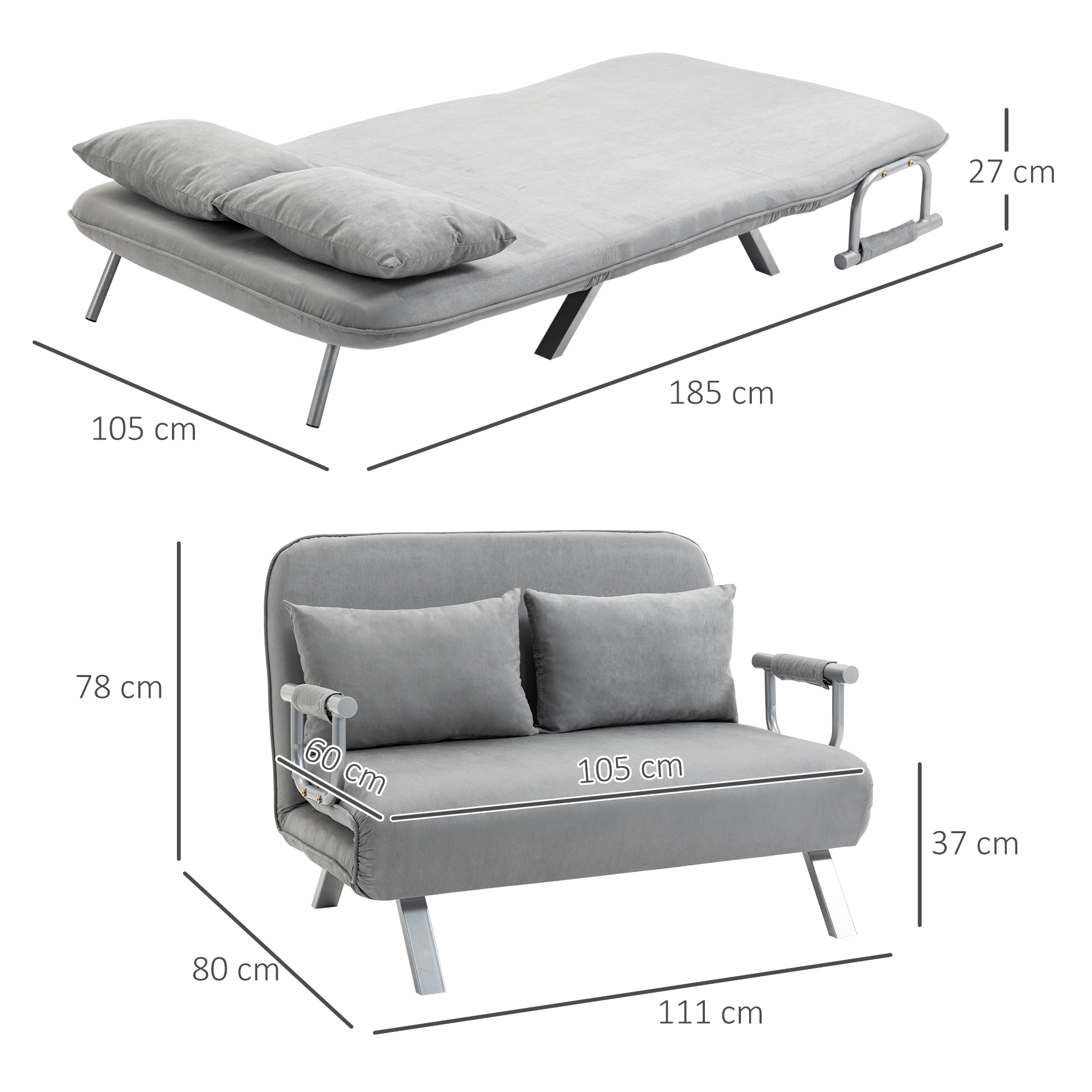 Ein graues Schlafsofa, gefaltet und ausgeklappt, mit Abmessungen in Zentimetern.