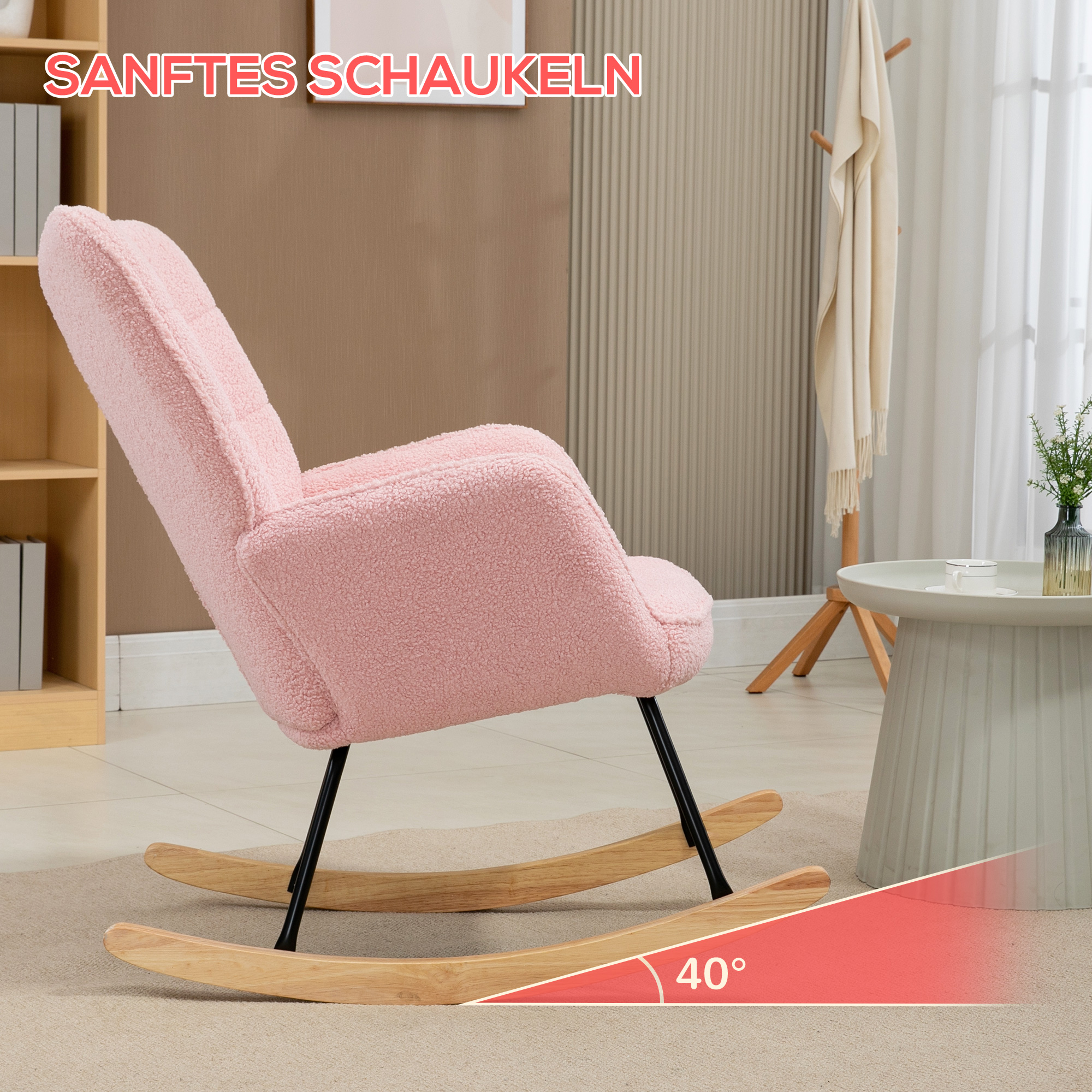 Rosa, flauschiger Schaukelstuhl mit schwarzen Beinen und Holzschaukeln, auf einem gemusterten Teppich.