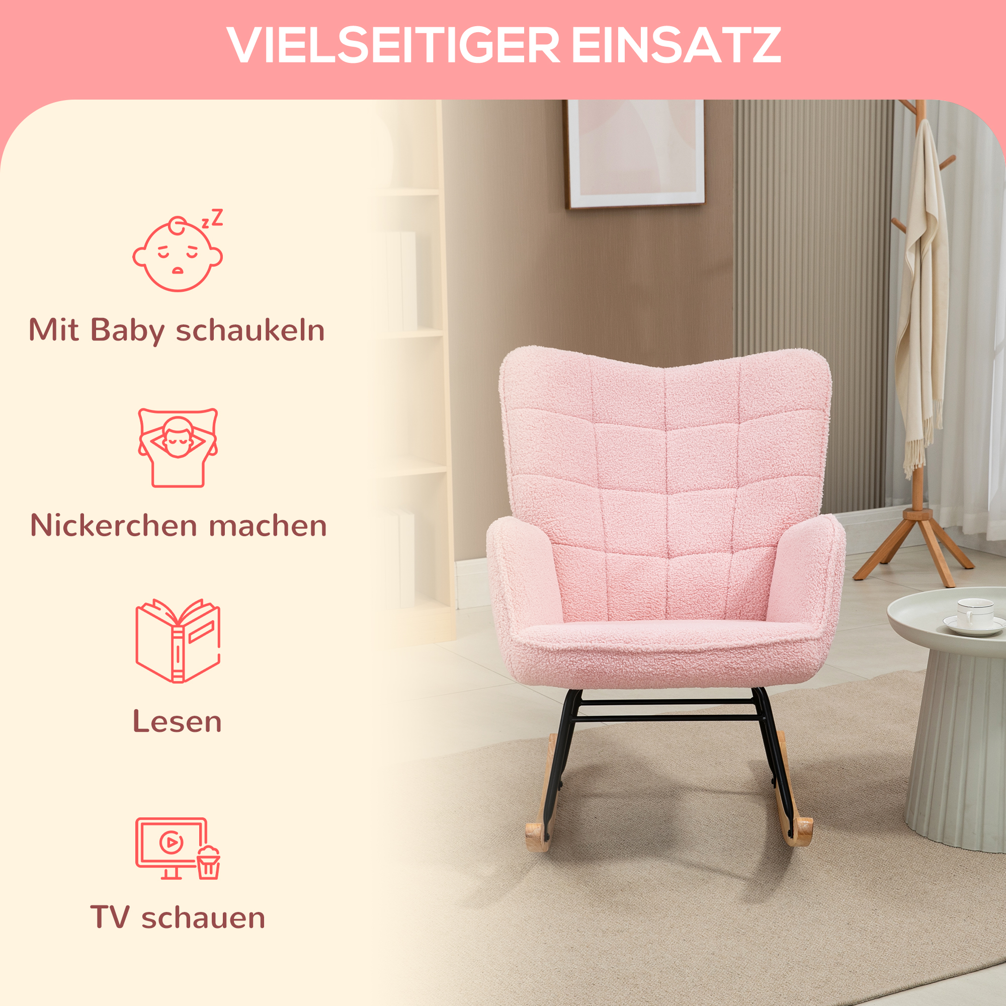 Rosa Schaukelstuhl, gezeigt in einem Raum, mit Symbolen für Baby, Nickerchen, Lesen und Fernsehen, die die Nutzung vorschlagen.