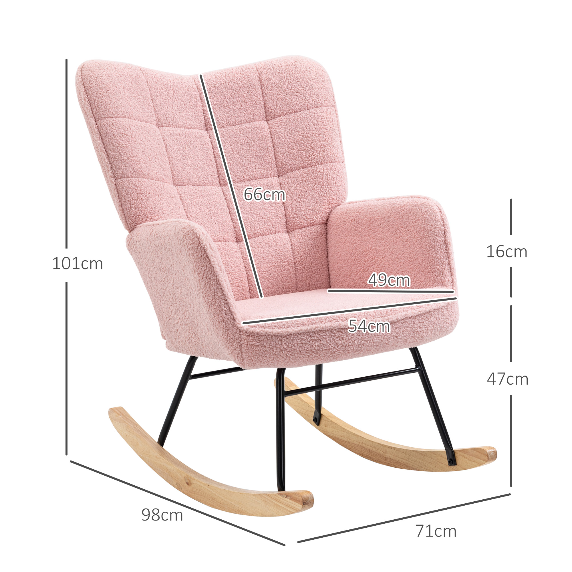 Ein rosa Schaukelstuhl mit Maßen an der Seite. Er hat eine gepolsterte Rückenlehne und Sitzfläche, und Holzschaukeln.