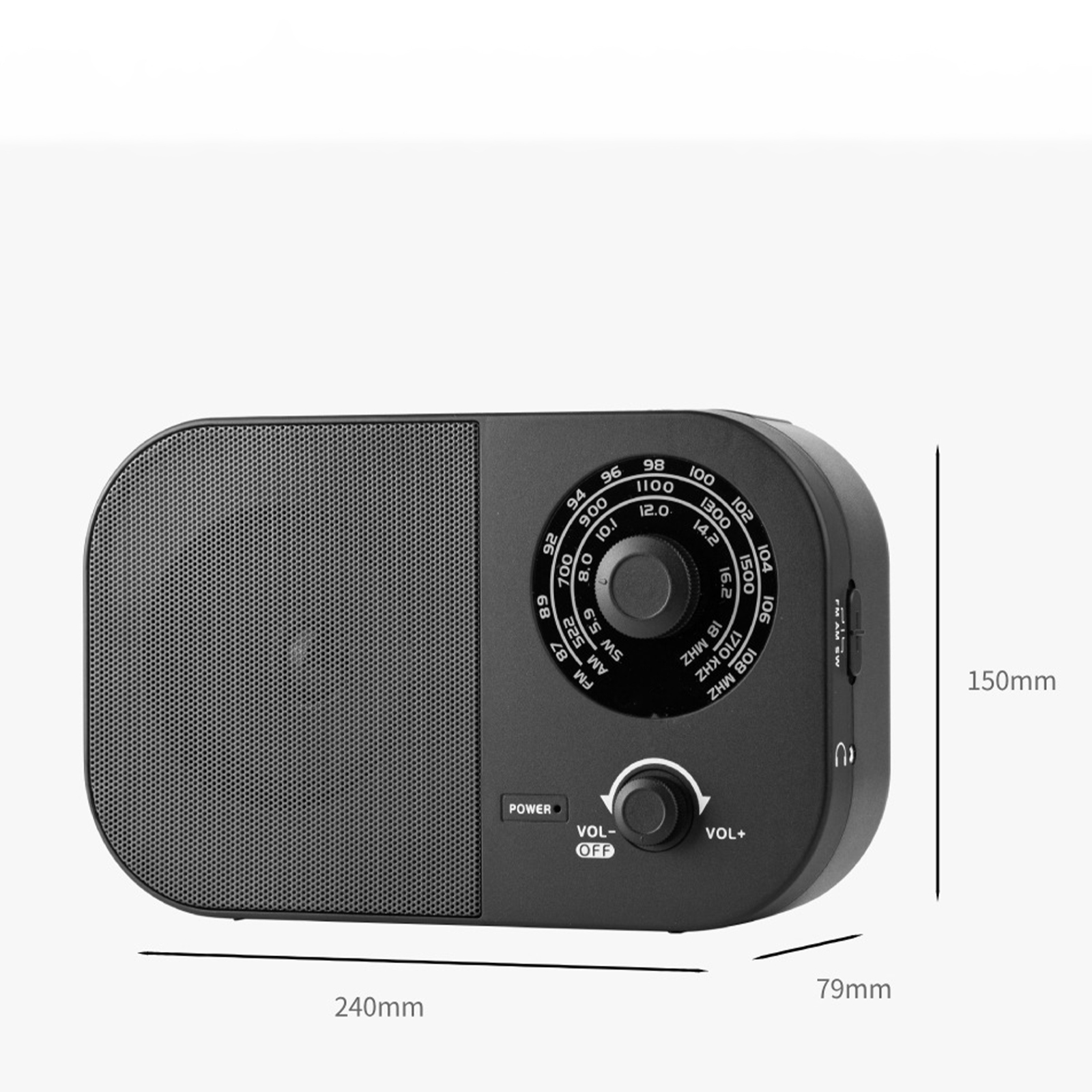 Ein schwarzes Radio mit Abmessungen: 240x150x79 mm. Es hat eine Antenne, Strom- und Steuerungselemente.