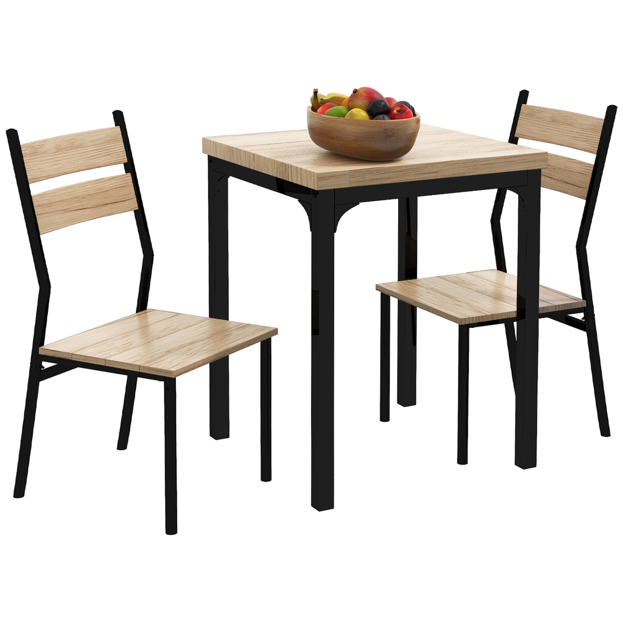 Tisch mit zwei Stühlen. Tisch hat eine Holzplatte, schwarzes Gestell. Stühle haben Holzsitze, schwarze Gestelle.