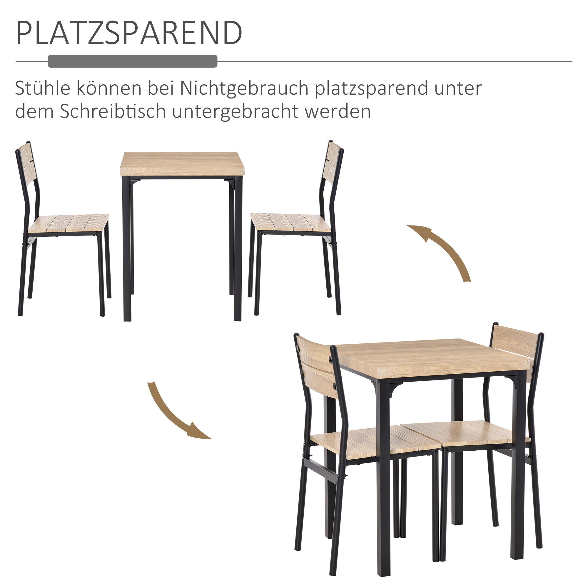 Tisch und Stühle, nebeneinander und verschachtelt gezeigt, was ein platzsparendes Design zeigt.