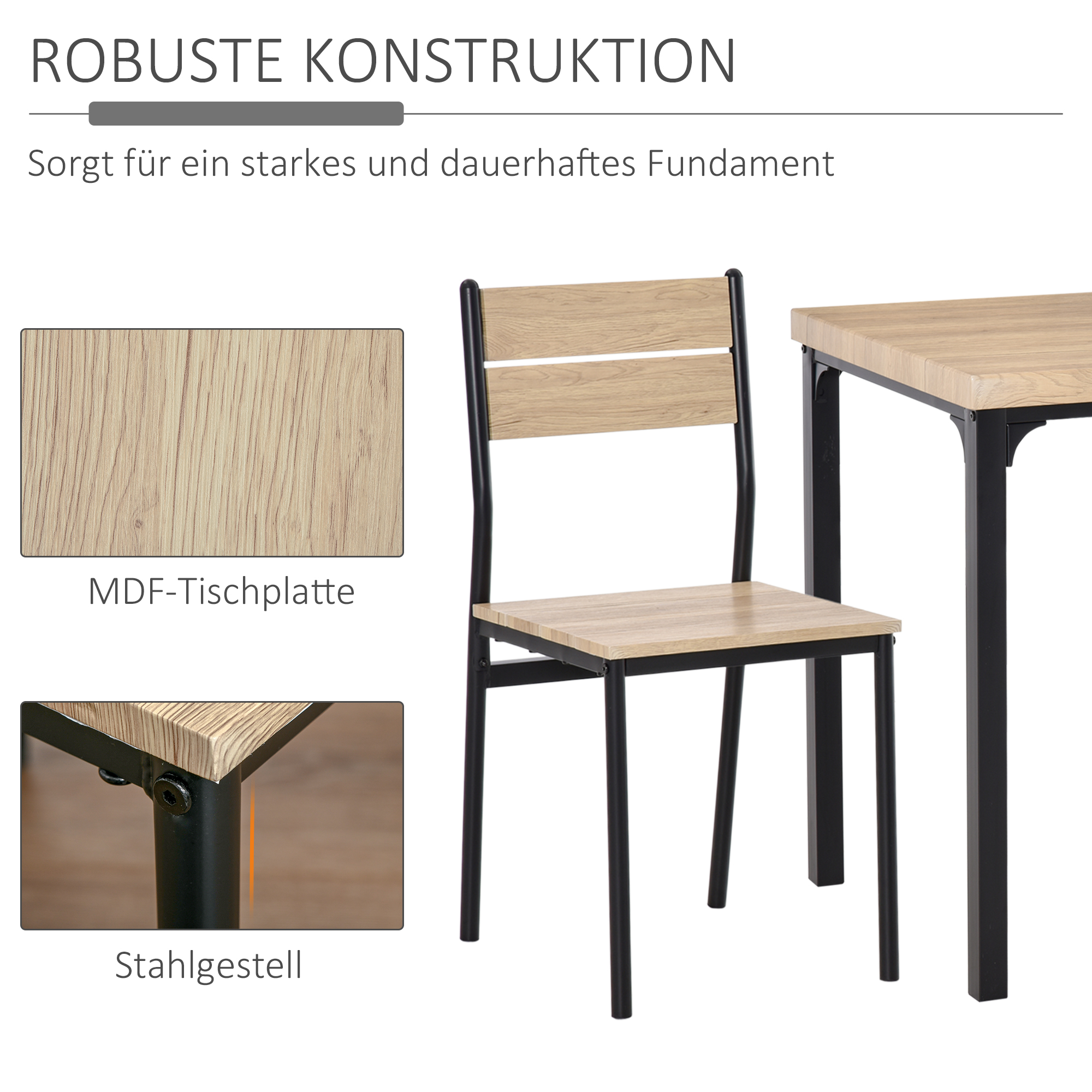 Stuhldetails. Nahaufnahme von Holzsitzen und Tischbeinverbindung. Text: Robuste Konstruktion.