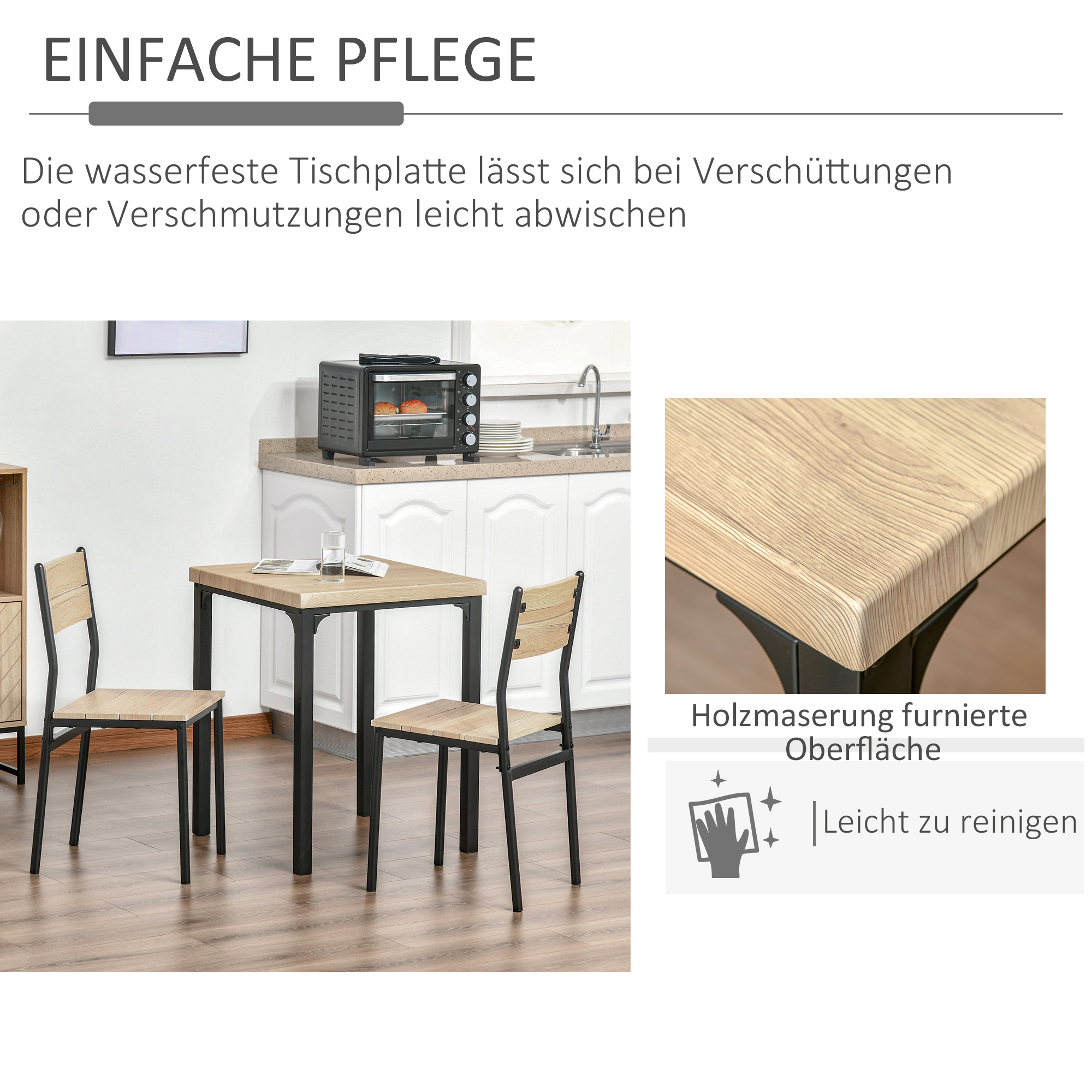 Tisch und Stühle in einer Küche. Nahaufnahme der Holzmaserung. Einfache Reinigung wird hervorgehoben.