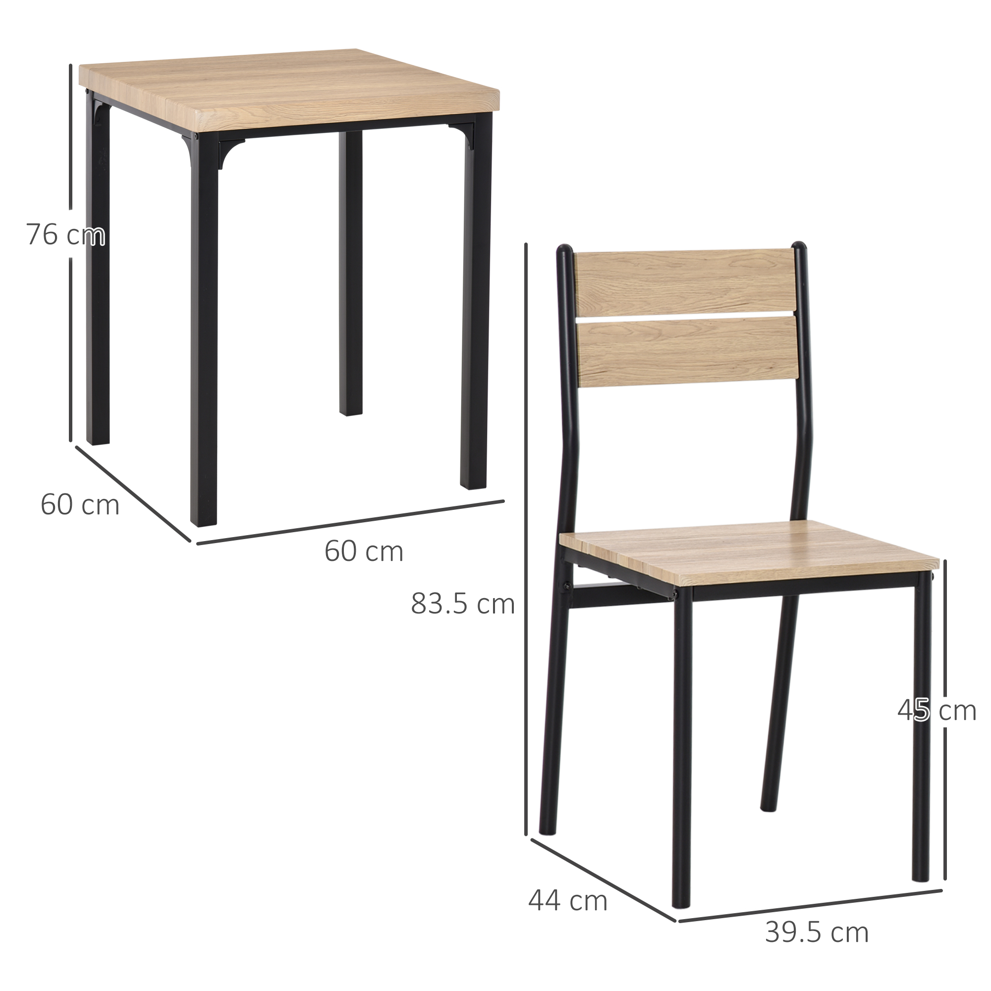 Tisch- und Stuhlabmessungen. Tisch und Stuhl sind schwarz gerahmt mit Holzplatten und Sitzen.