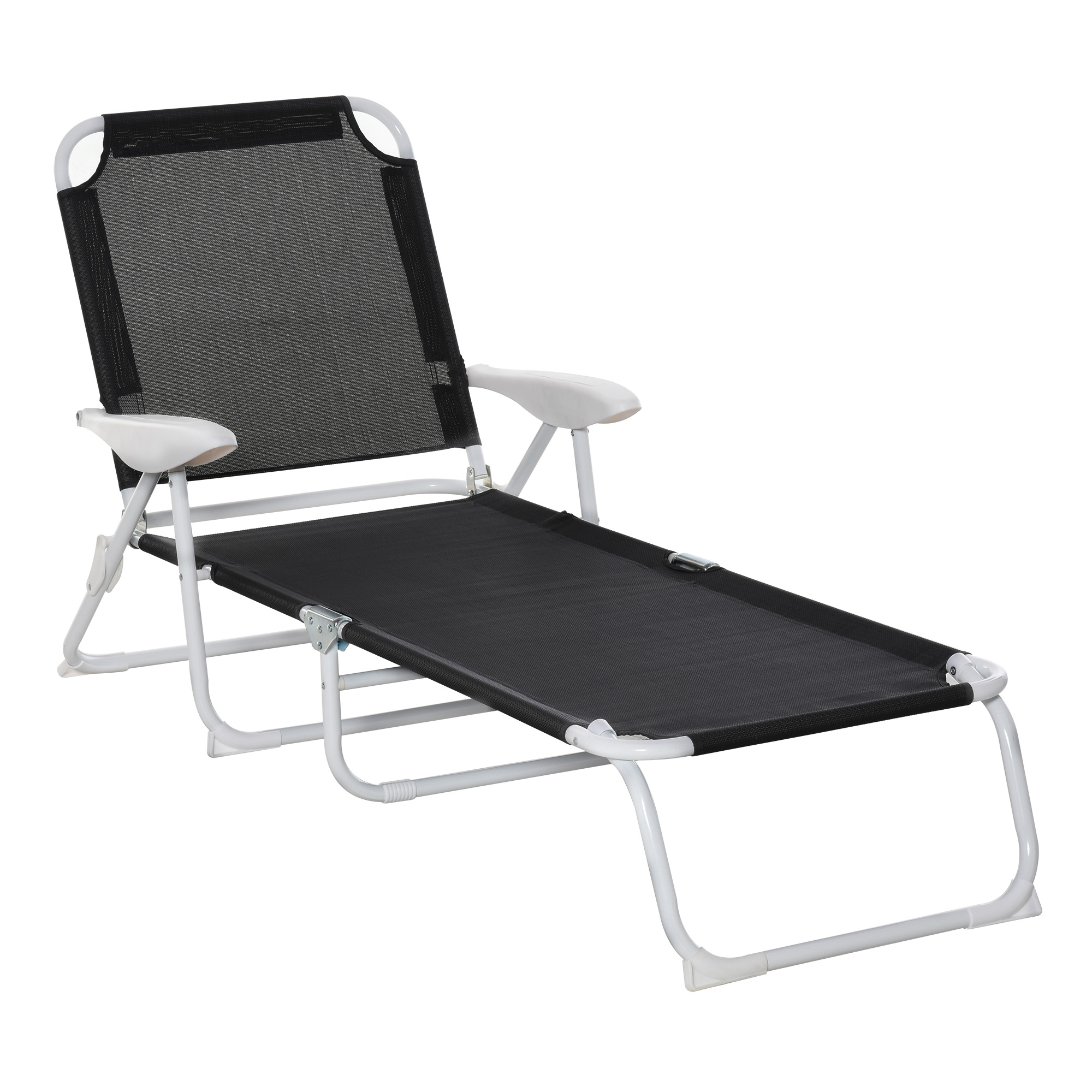 Schwarz-weißer Strandstuhl, offen gezeigt, mit weißem Rahmen und schwarzem Stoff.