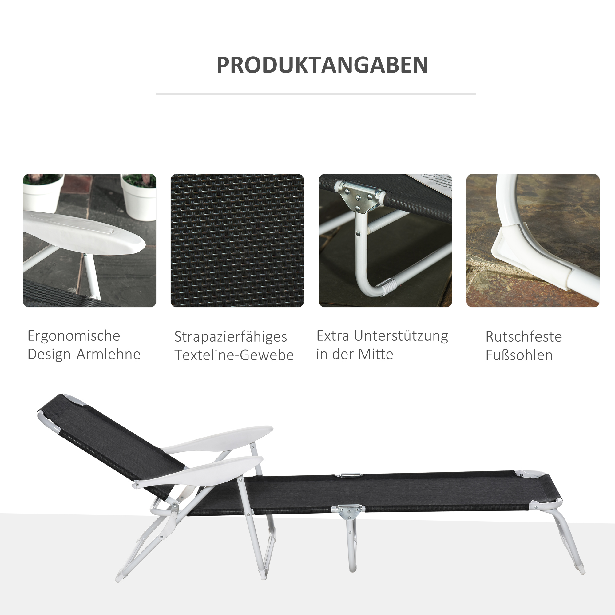 Klappbarer Strandstuhl mit weißen Armlehnen, schwarzem Stoff und unterstützendem Rahmen, mit Detailbildern.