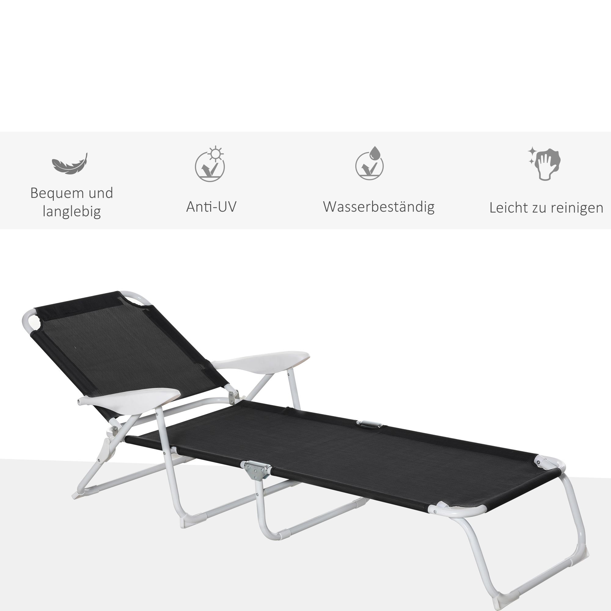 Schwarzer Netz-Klappstuhl. Weißer Rahmen, weiße Armlehnen. Vier Symbole, die Funktionen anzeigen.