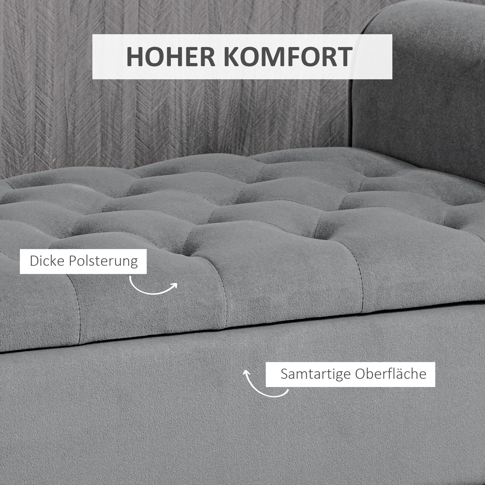 Nahaufnahme der getufteten grauen Bank, die dicke Polsterung und eine samtige Oberfläche zeigt.