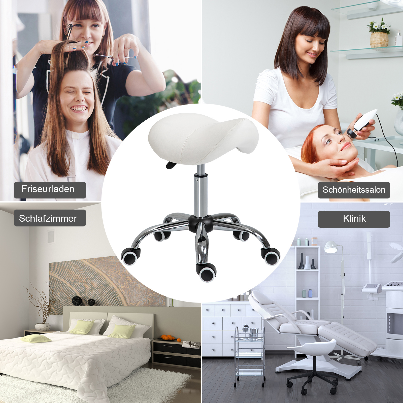 Collage: Friseur, Schönheitssalon, Schlafzimmer, Klinik und weißer Sattelstuhl.