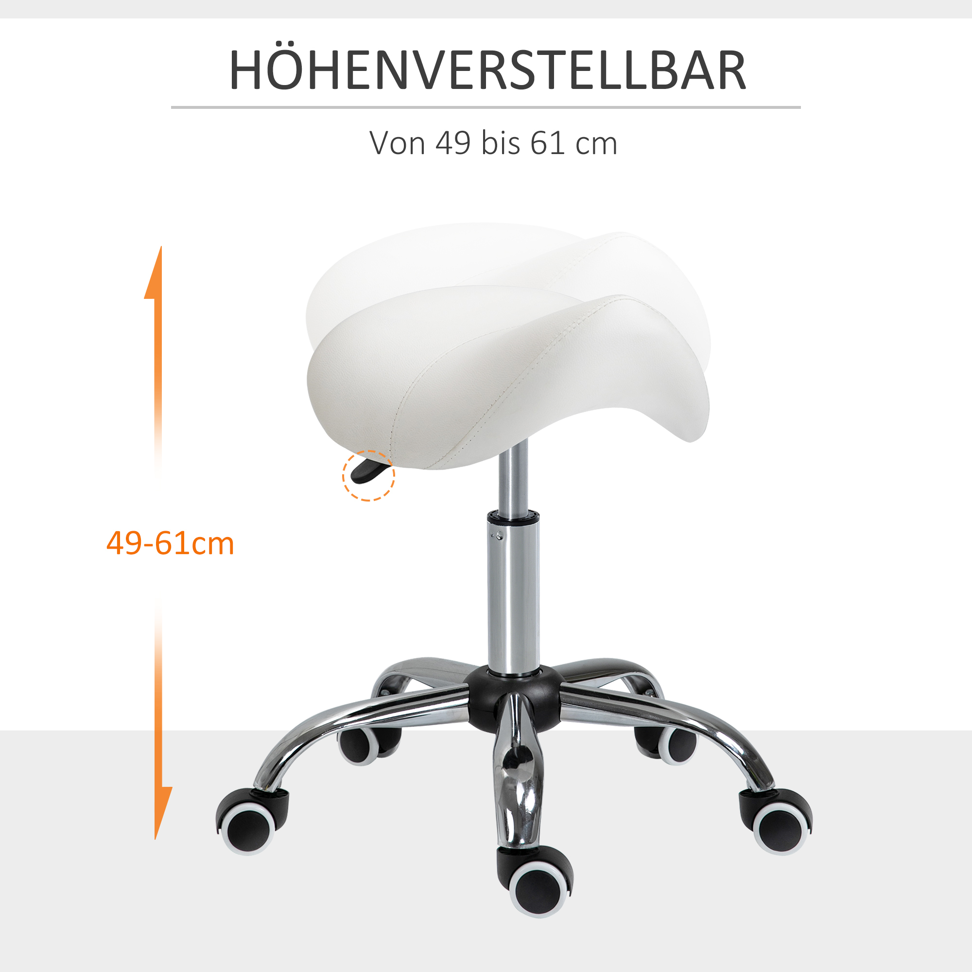 Weißer Sattelstuhl auf Rädern, höhenverstellbar, mit Maßangaben.