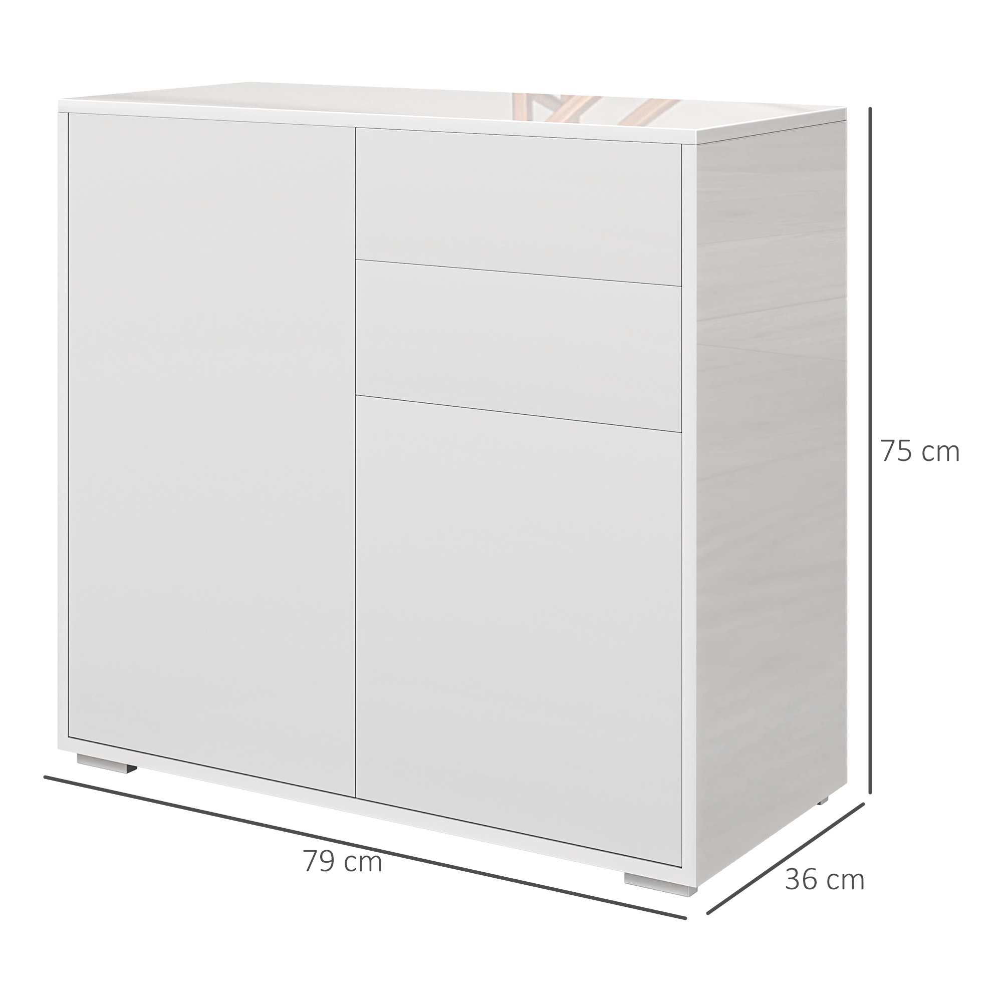 Weißer Schrank mit Maßen. Der Schrank hat eine Tür und zwei Schubladen. Maße in cm.