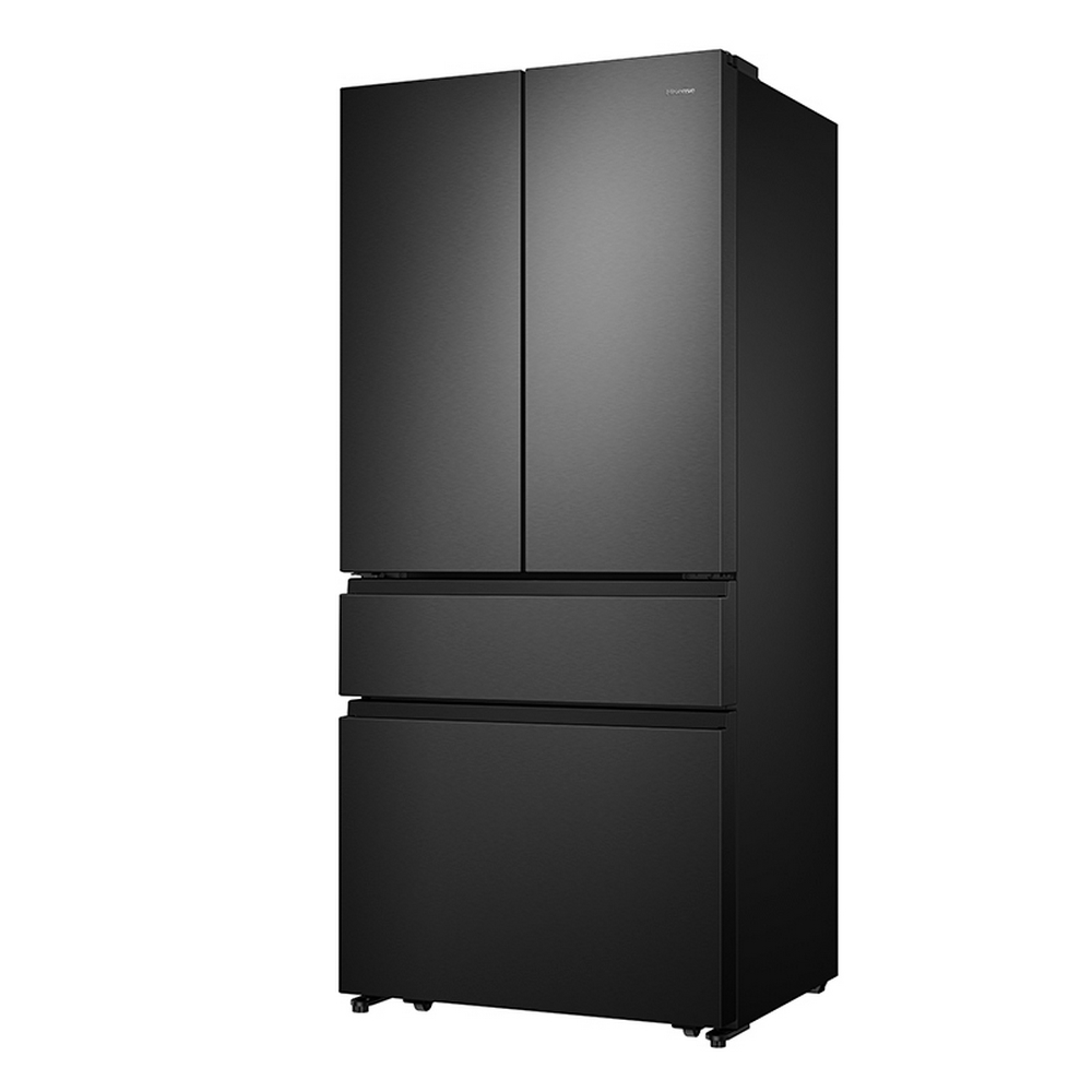 Frigorifero Hisense nero con quattro porte. Le porte sono chiuse, la superficie è riflettente.