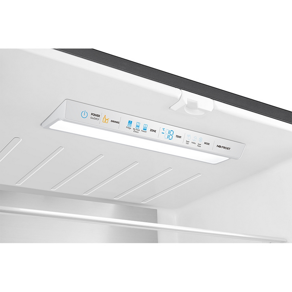 Interno di un frigorifero. Pannello di controllo con pulsanti e luce LED brillante.