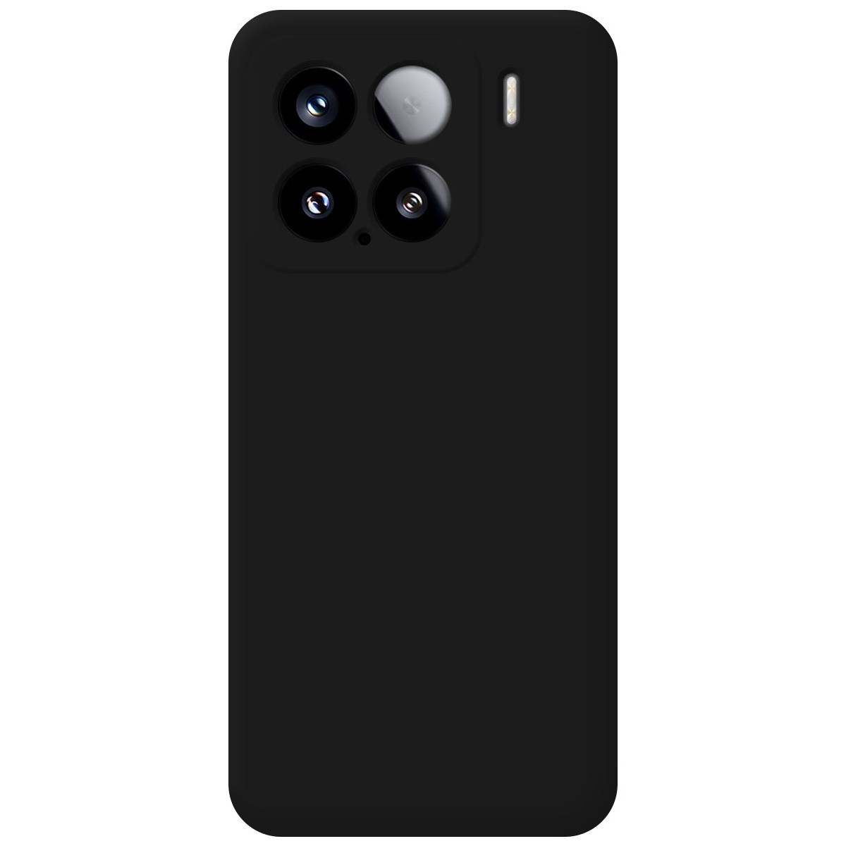 Custodia per telefono nera con configurazione a tripla fotocamera, accanto a un telefono nero.