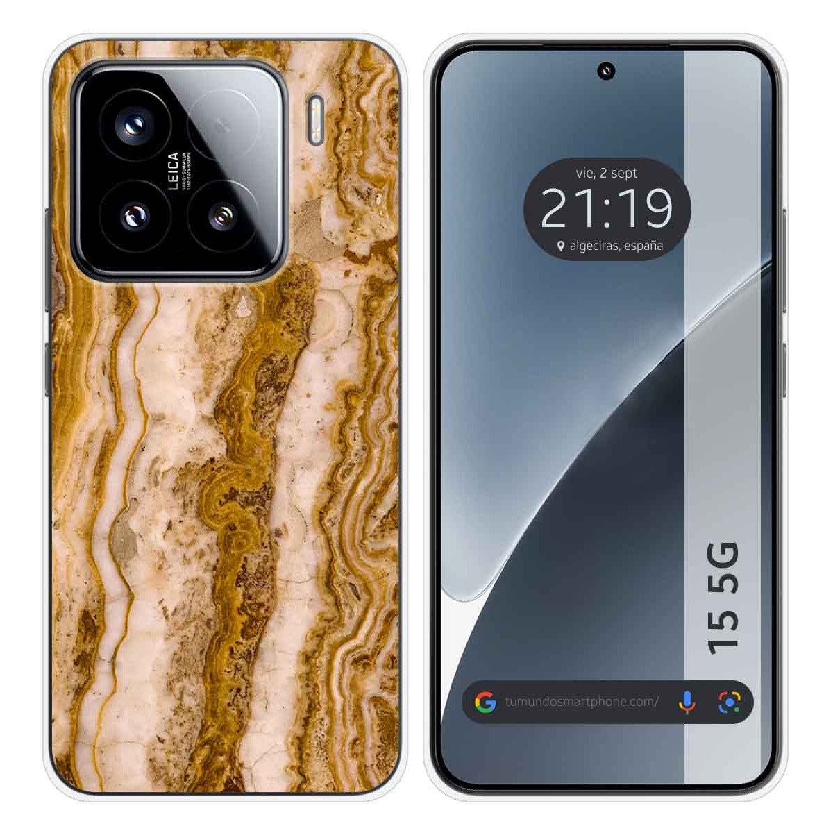 Funda de teléfono con diseño de mármol. La pantalla del teléfono muestra la hora, la fecha y la ubicación.