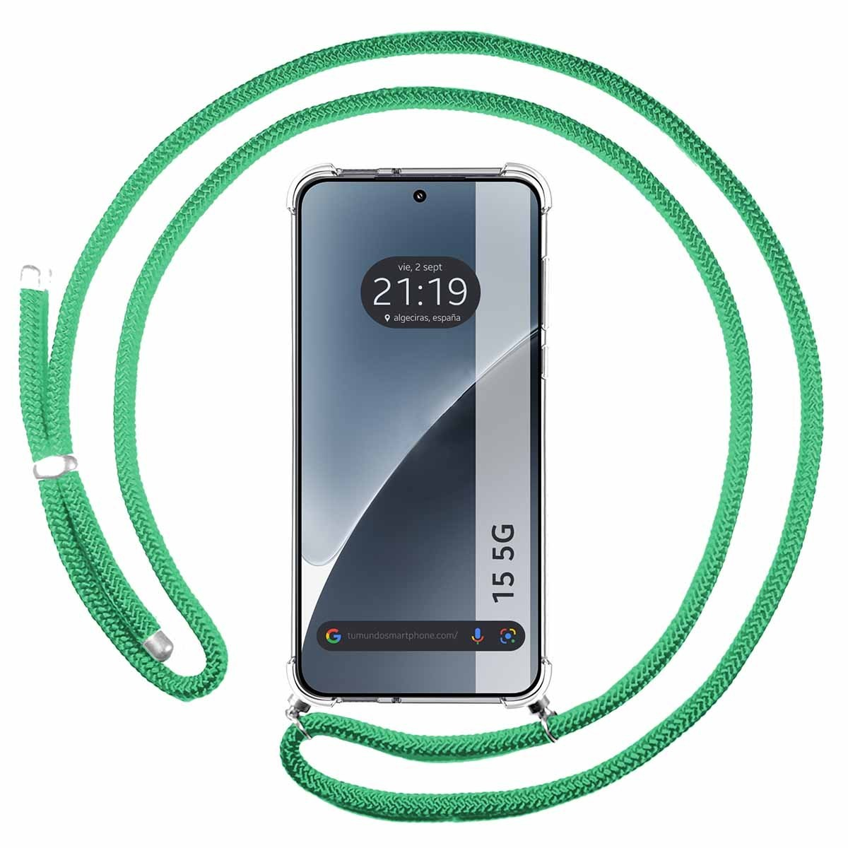 Telefono con cinturino in corda verde. Lo schermo del telefono mostra ora e luogo. Lo sfondo è bianco.