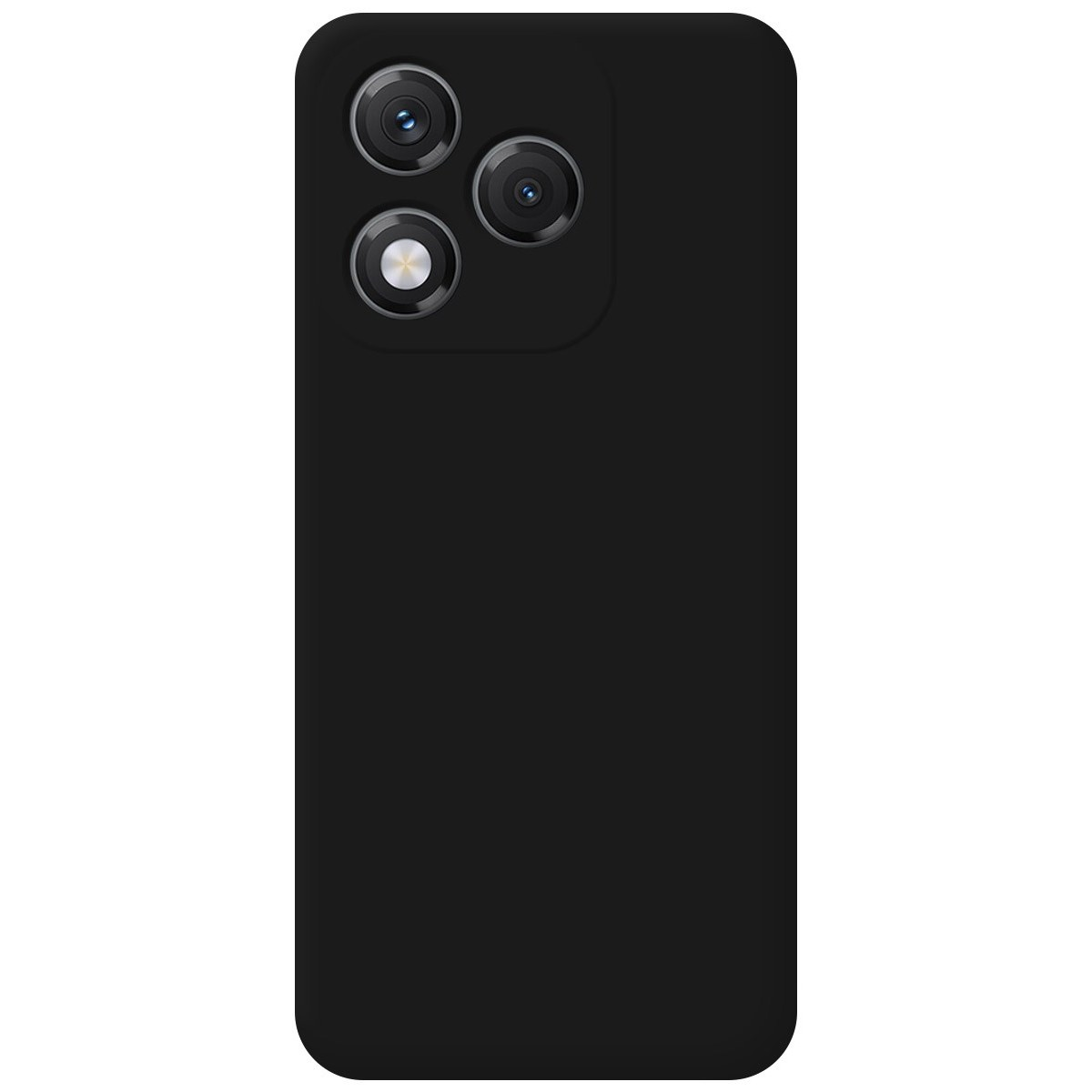 Una funda de teléfono negra. La parte trasera muestra tres lentes de cámara.
