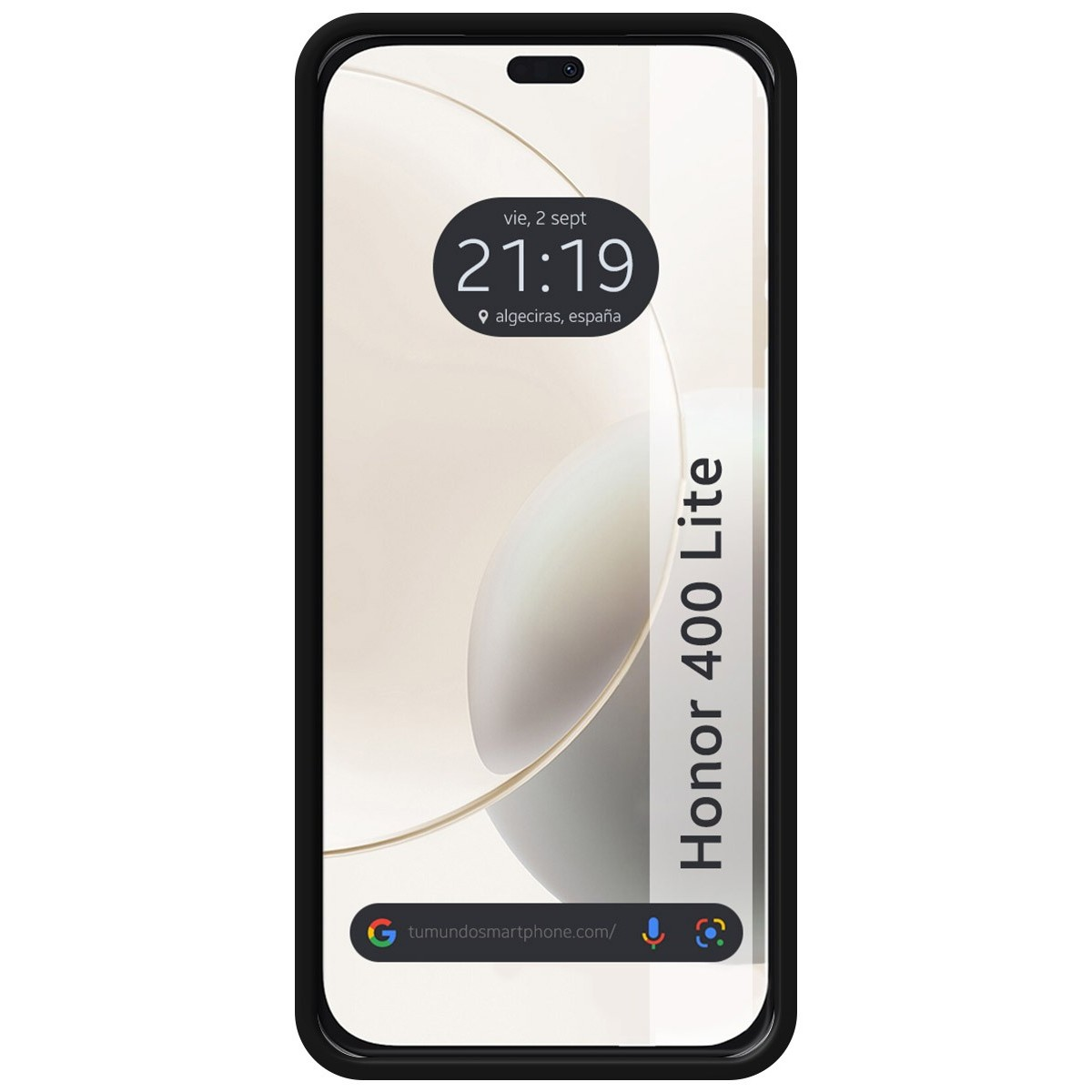 Teléfono negro. La pantalla muestra la hora y la ubicación.