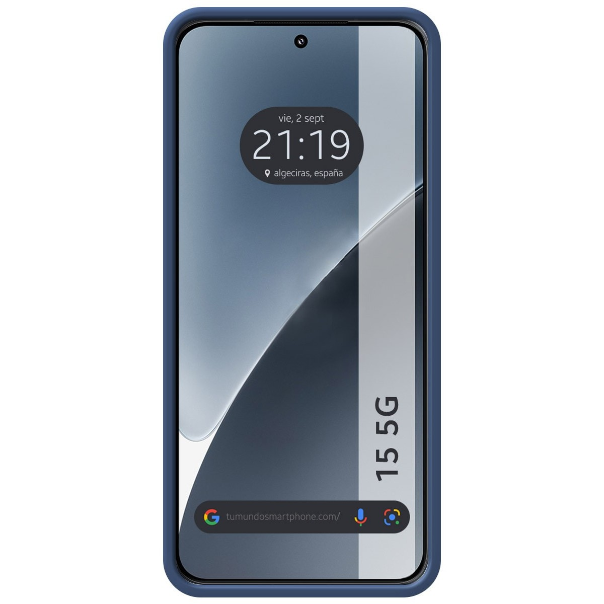 Lo schermo mostra ora, posizione e una custodia protettiva blu. Il telefono è in posizione verticale.