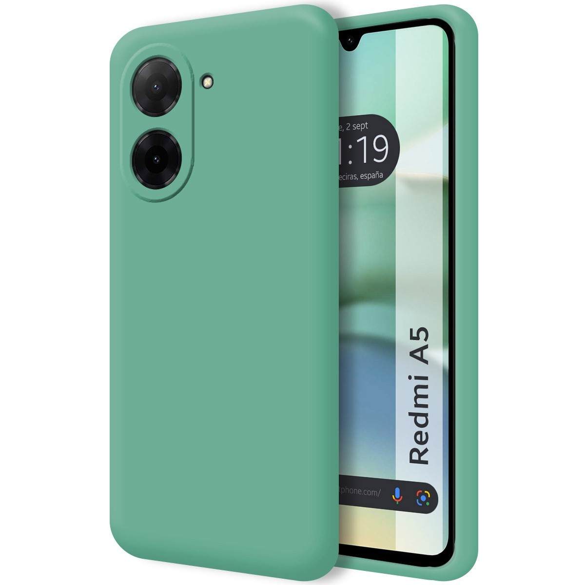Custodia verde. È visibile uno schermo mobile. Lo schermo mostra ora e luogo.