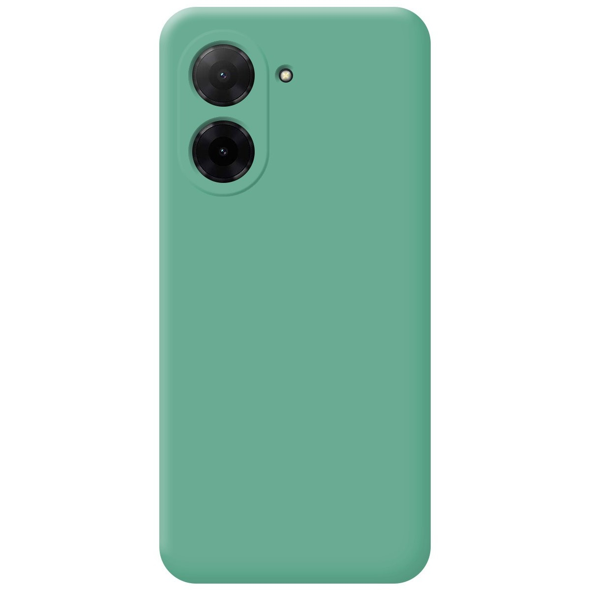 Custodia verde con due obiettivi della fotocamera. La custodia è semplice.