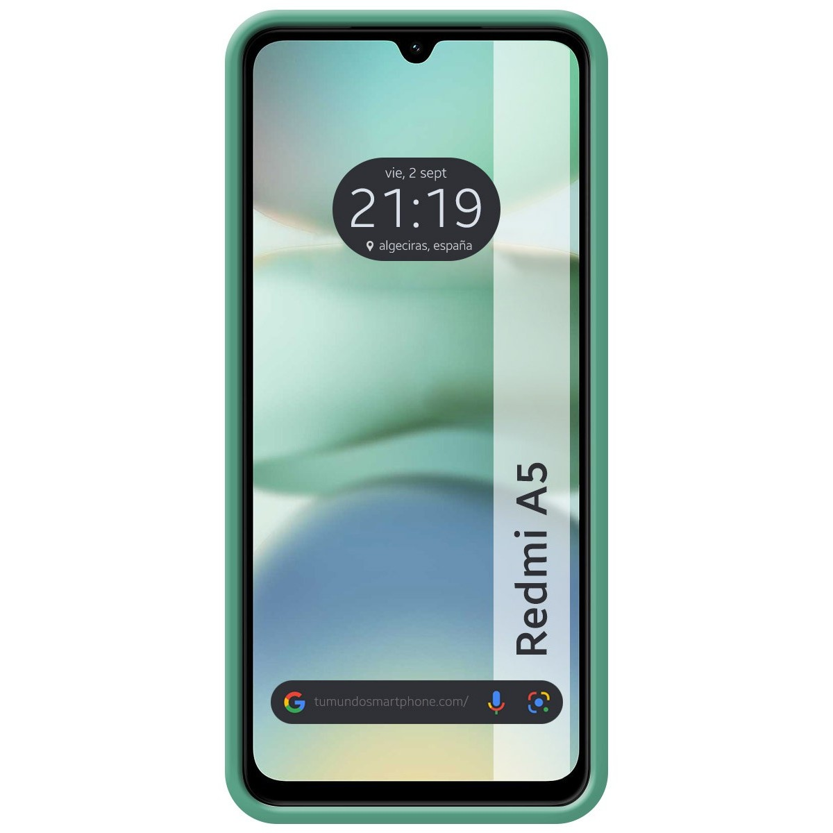 Un telefono Redmi A5 in una custodia verde. Lo schermo mostra data e ora.