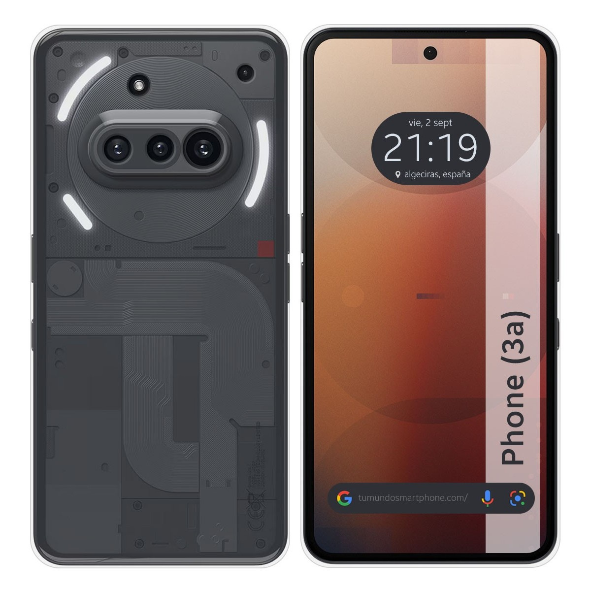 Un teléfono con una funda transparente que muestra los componentes internos y una pantalla con la hora.