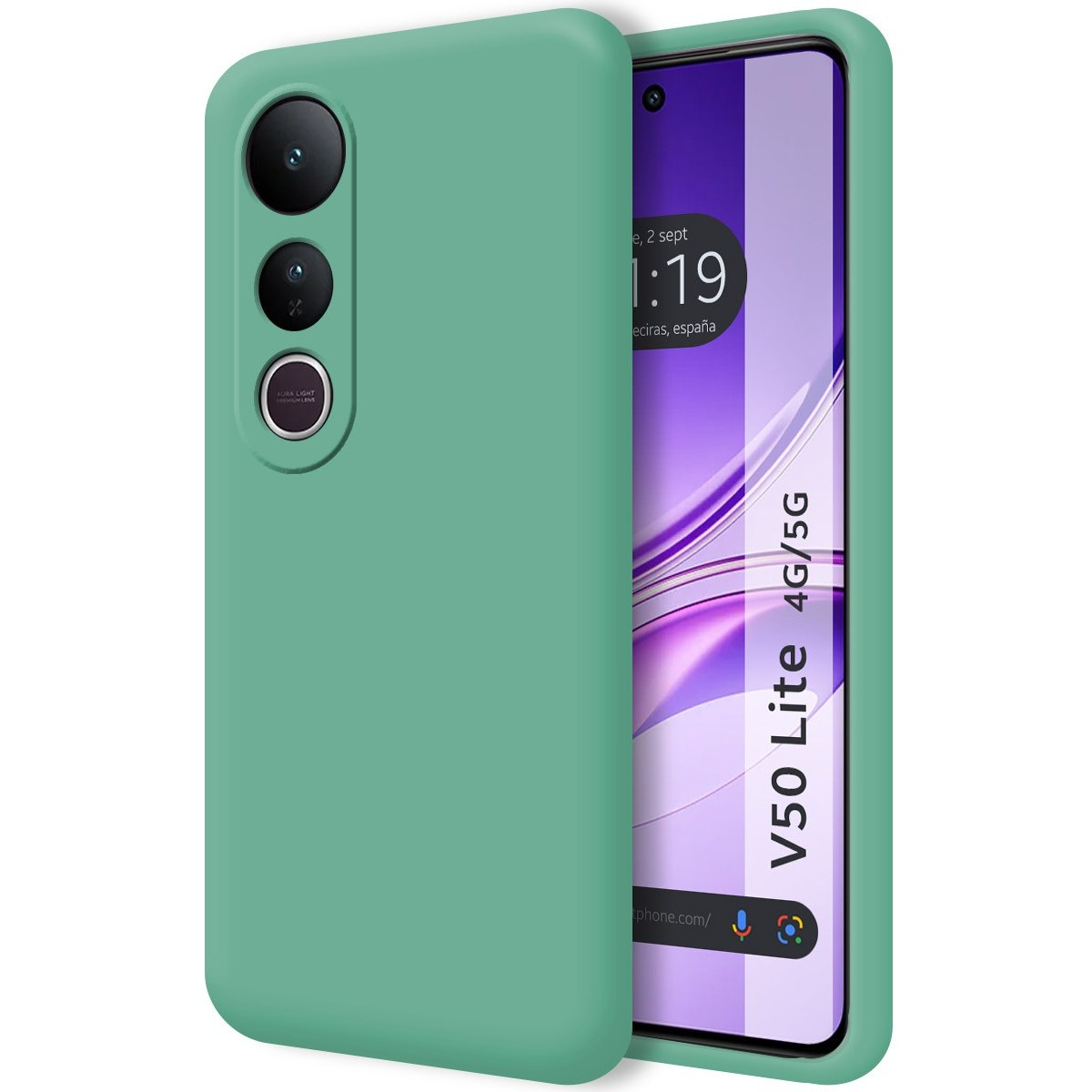 Una custodia per telefono verde menta con lo schermo del telefono che mostra uno sfondo viola.