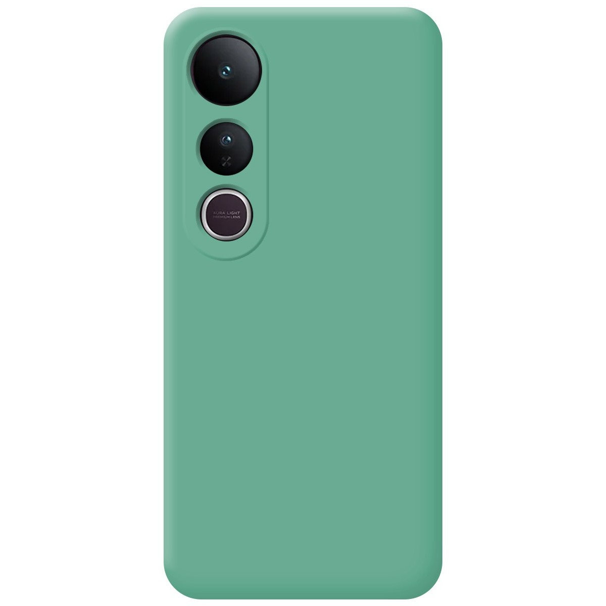 Una custodia verde menta senza design, che mostra l'array di fotocamere del telefono.