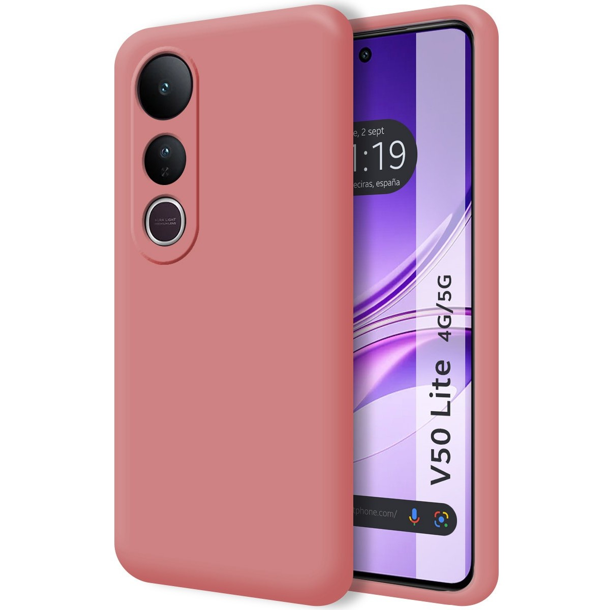 Telefono rosa con tre fotocamere su una custodia rosa. Lo schermo mostra ora e luogo.