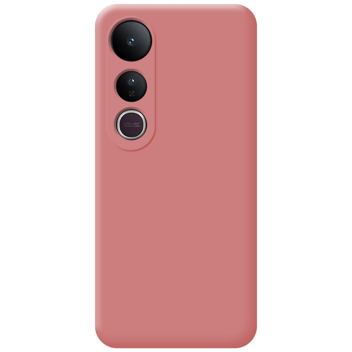 Una custodia per telefono rosa tinta unita con tre fotocamere. La custodia è di un colore pieno senza altri disegni.