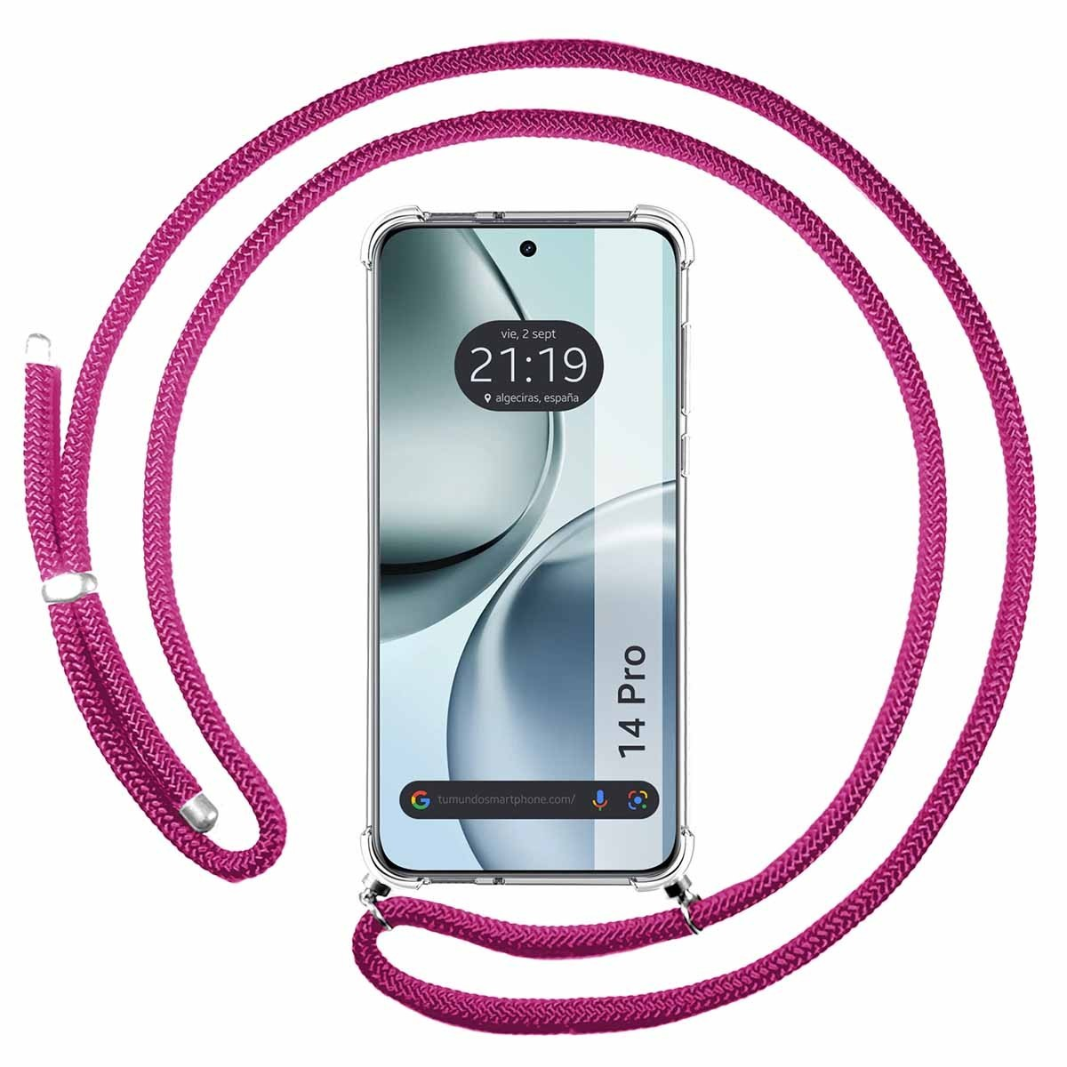 Telefono con un cordino rosa attaccato. Lo schermo del telefono mostra la data e l'ora.