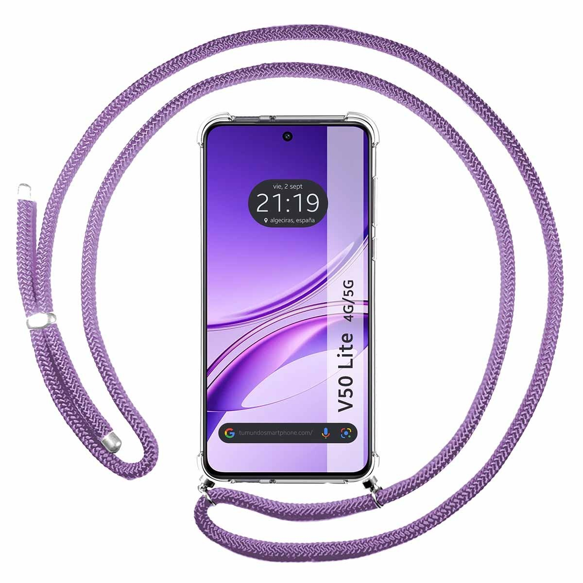 Custodia per telefono viola con un cordino viola. Lo schermo del telefono mostra l'ora, la data e la posizione.
