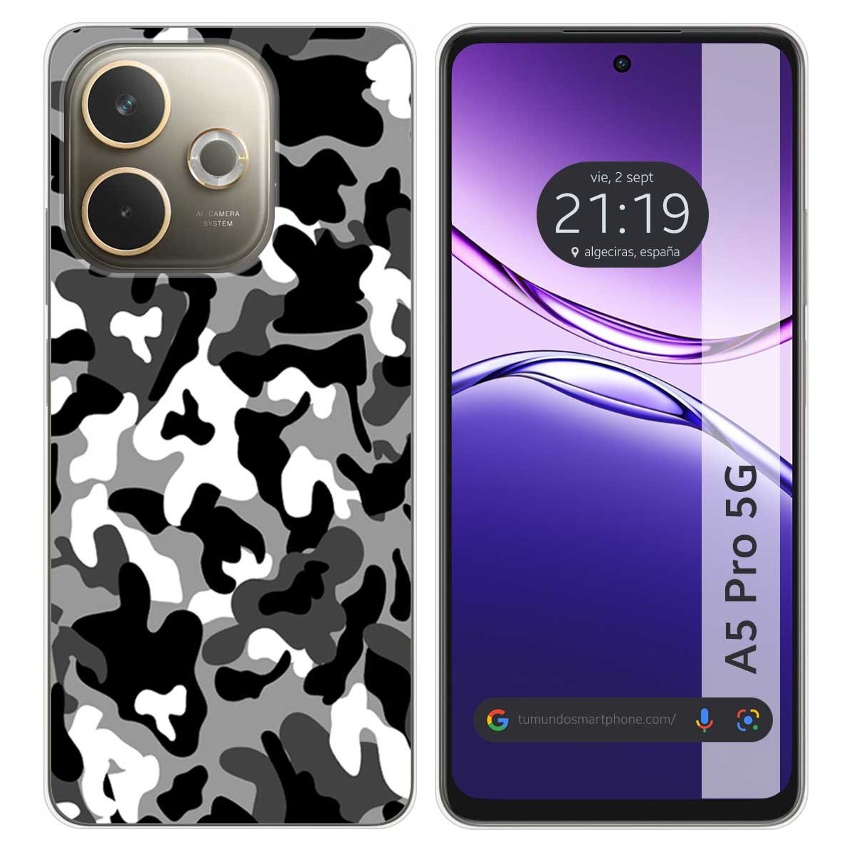 Funda con patrón de camuflaje negro, blanco y gris. Pantalla muestra A5 Pro 5G.