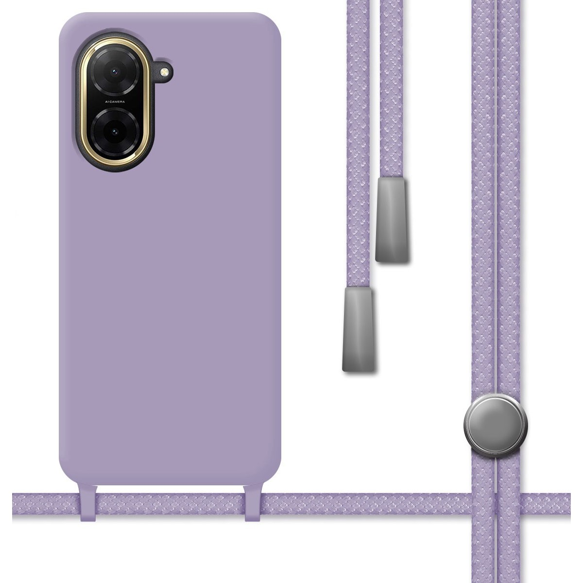 Custodia per telefono viola con cordino e chiusura argentata.